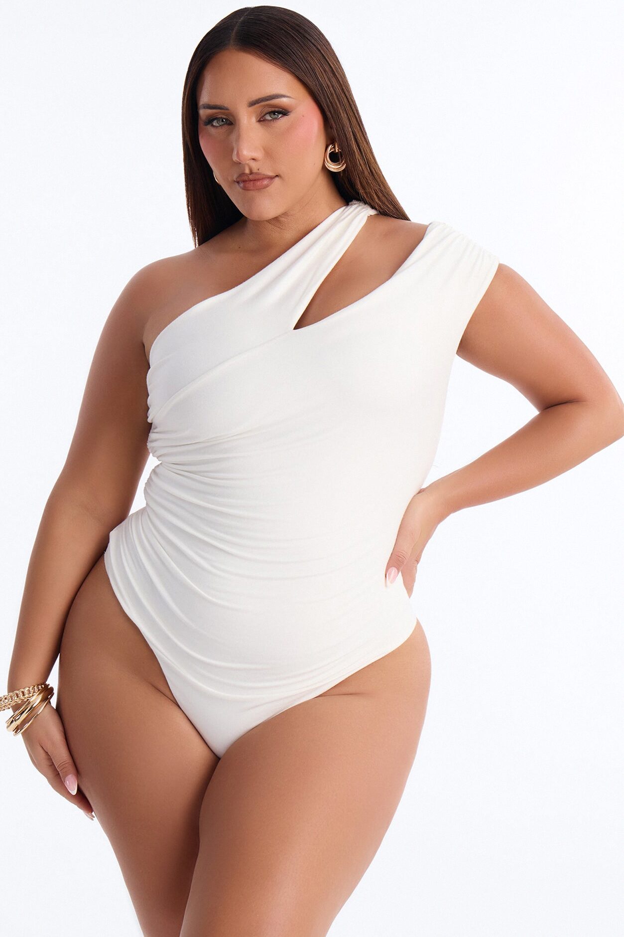 Been Here Before Ruched One Shoulder Bodysuit - White