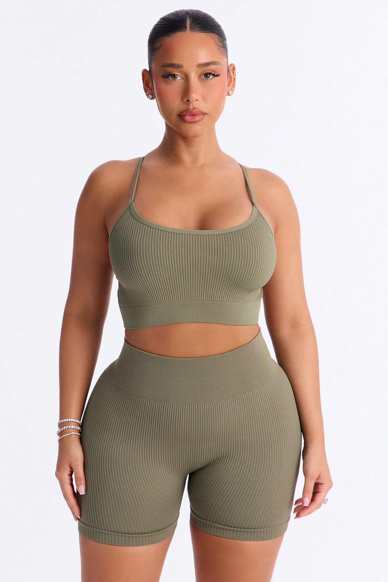 Never Settle Seamless Sports Bra Biker Short Set - Olive