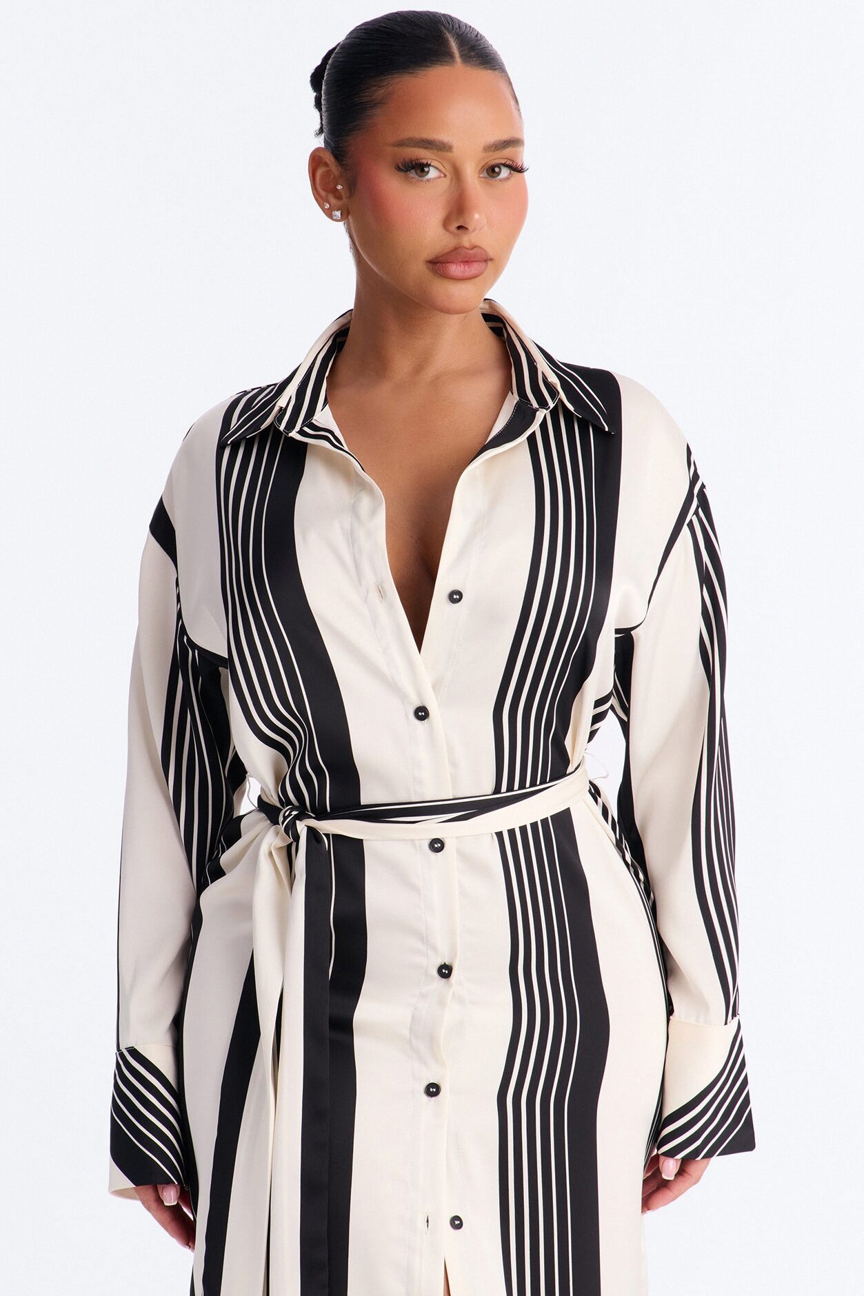 Harlow Striped Satin Shirt Midi Dress - White/Black