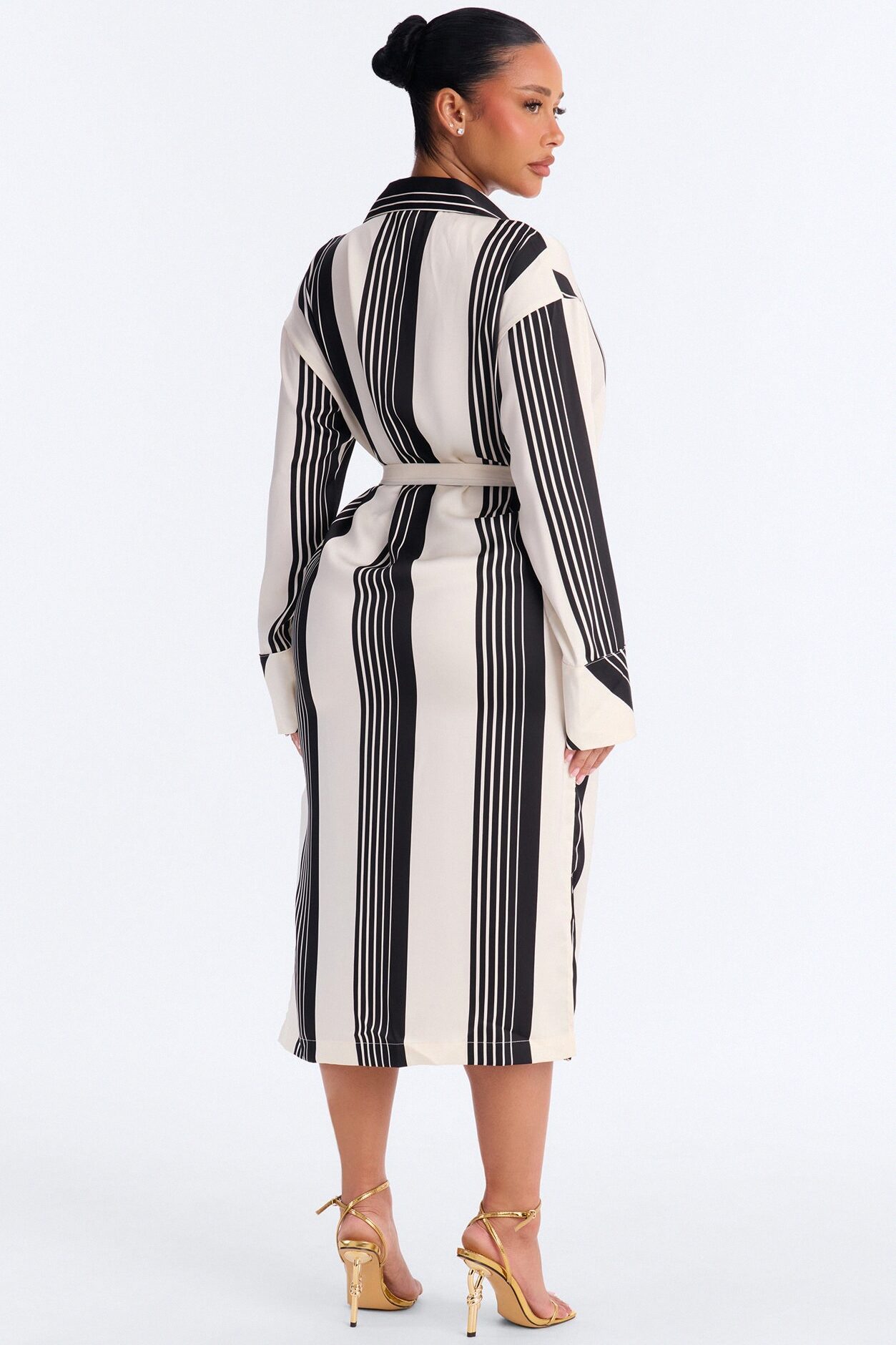 Harlow Striped Satin Shirt Midi Dress - White/Black