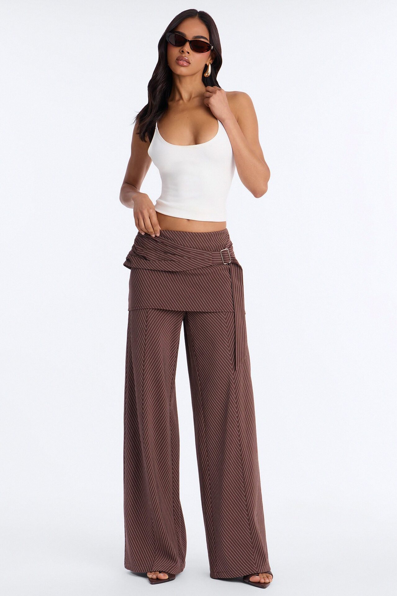 Cummerbund Wrap Waist Skirt Trouser - Brown
