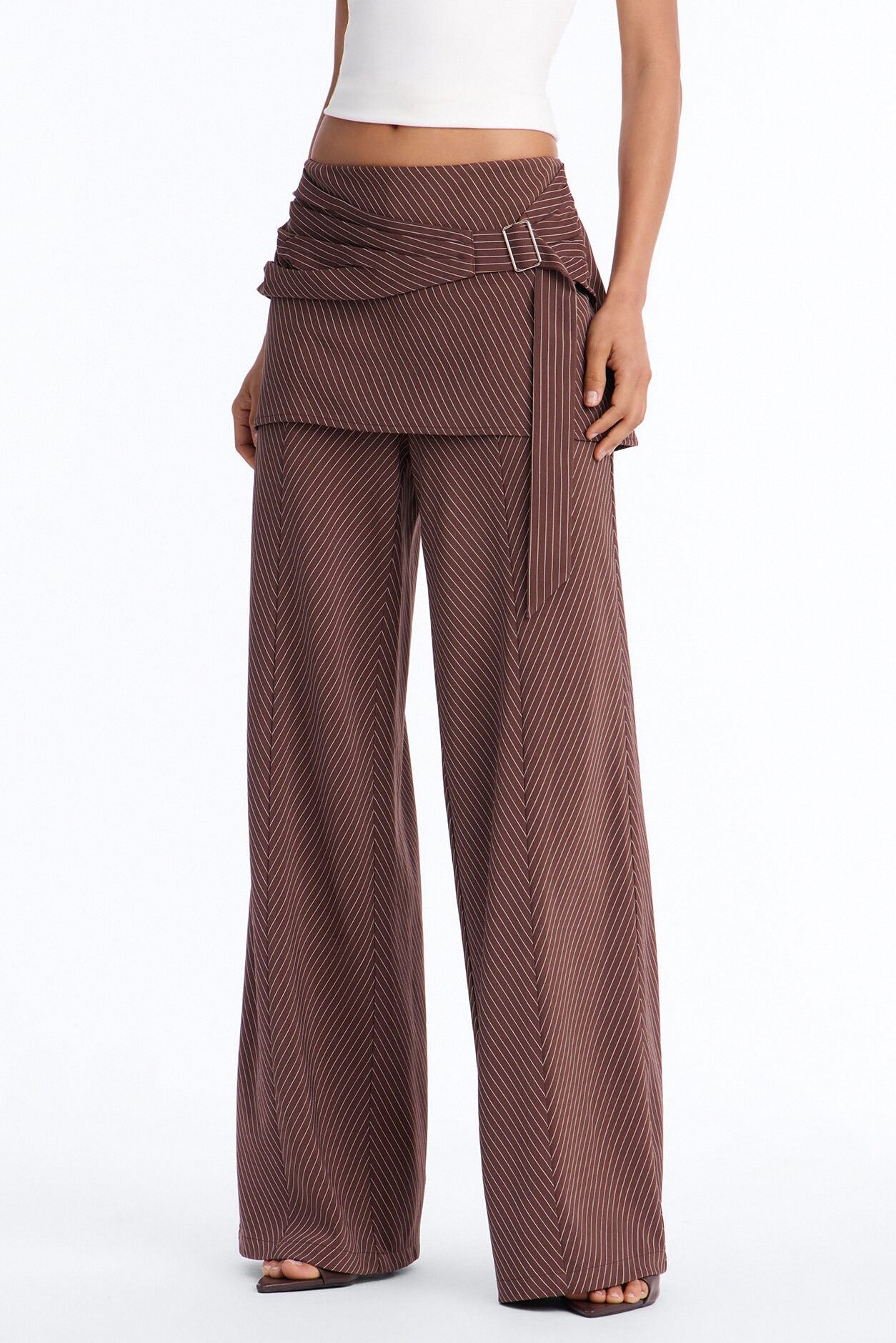 Cummerbund Wrap Waist Skirt Trouser - Brown