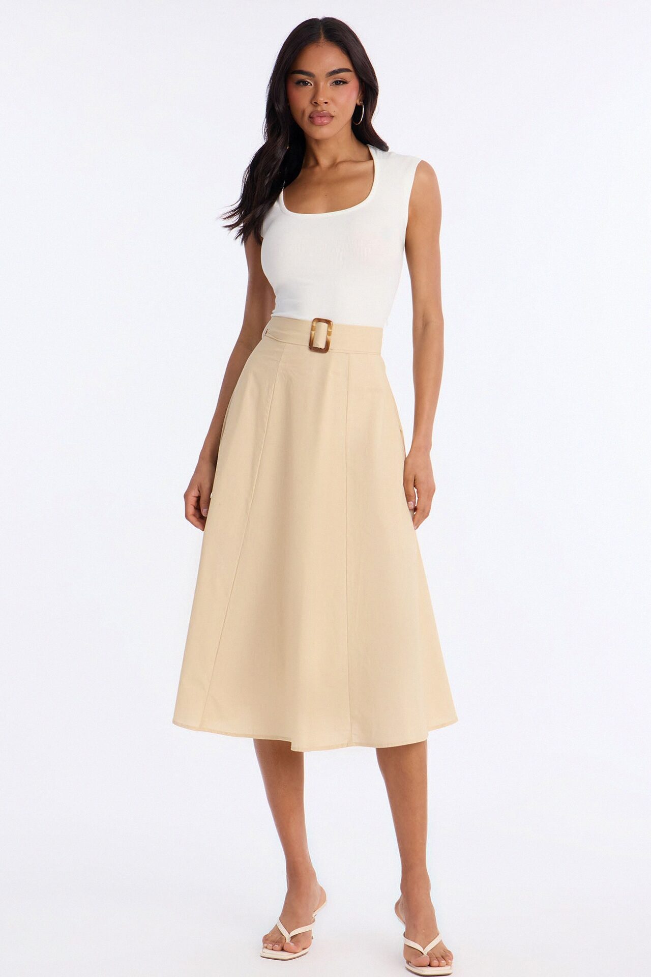 Sandra Contrast Belted Midi Dress - Taupe/combo