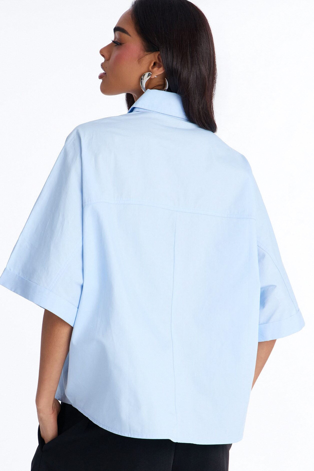 Sancie Oversized Poplin Button Up Shirt - Blue