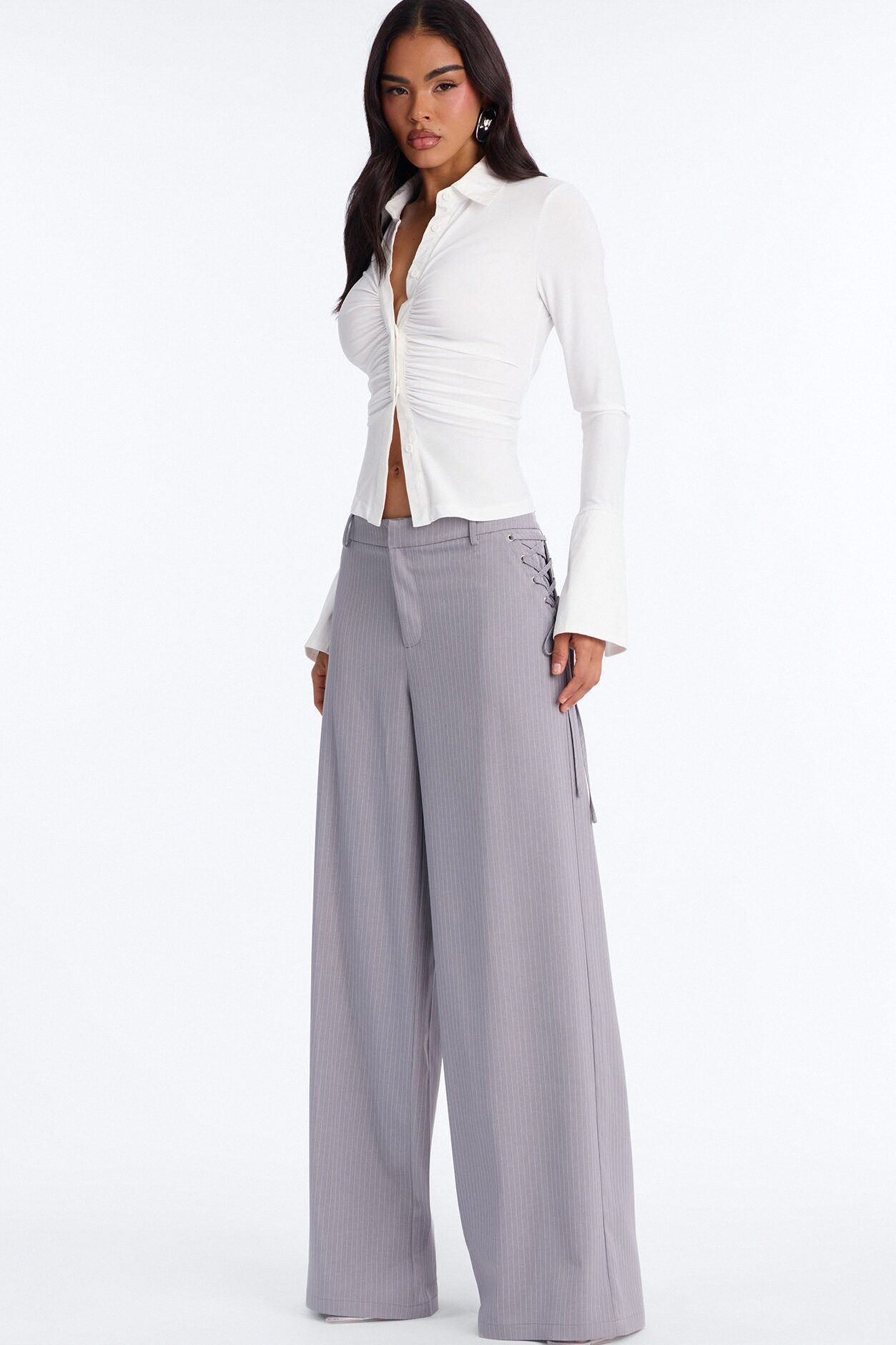 All Laced Up Low Rise Pinstripe Trouser - Light Grey
