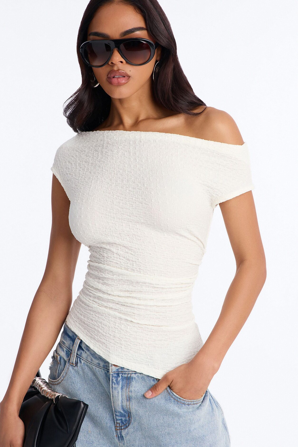 Tropical Tease Textured Off Shoulder Short Sleeve Top - Ivory