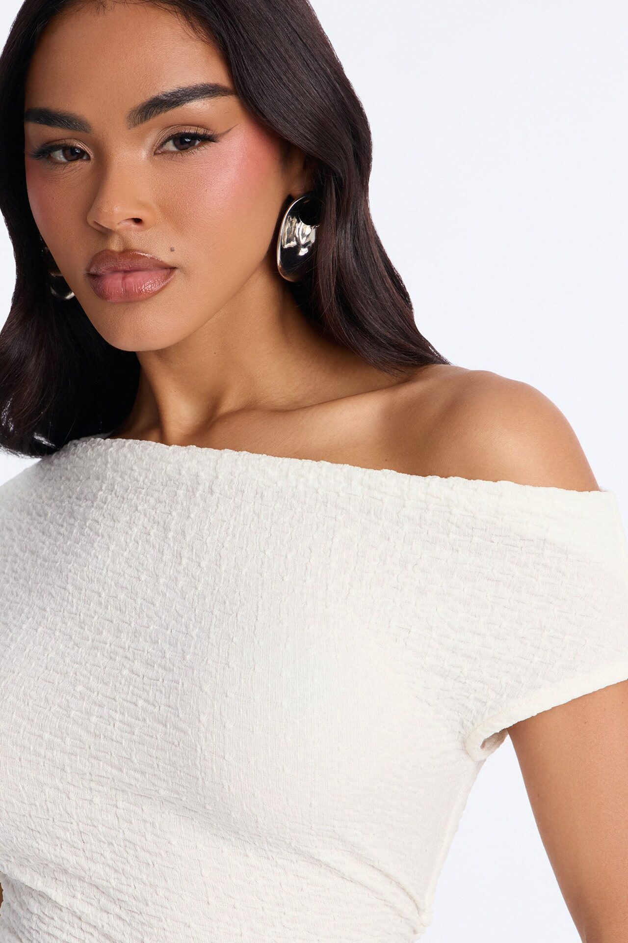 Tropical Tease Textured Off Shoulder Short Sleeve Top - Ivory