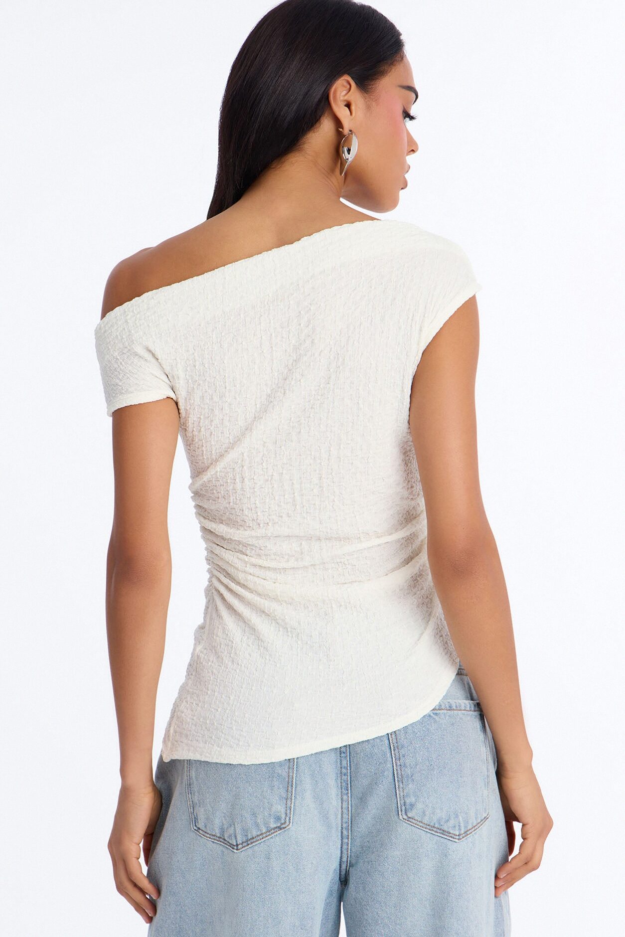 Tropical Tease Textured Off Shoulder Short Sleeve Top - Ivory