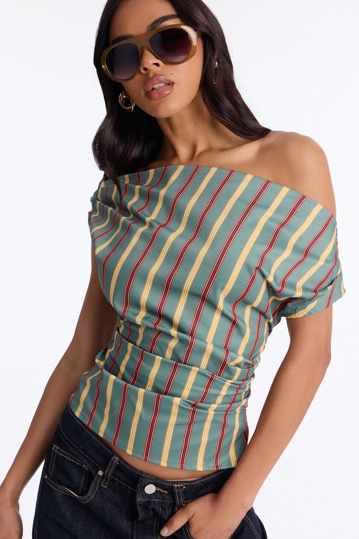 Set The Tone One Shoulder Striped Top - Green/combo