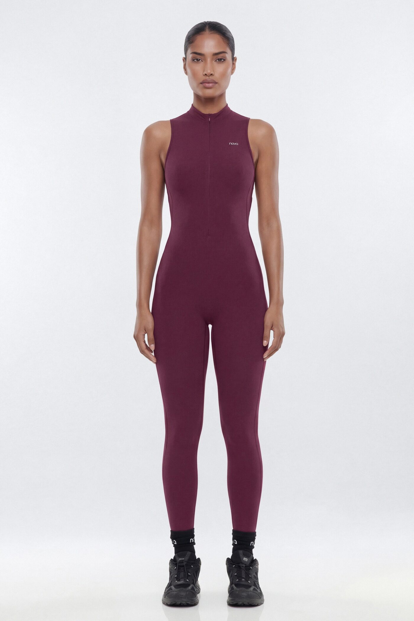 ProStretch™ 27″ Zip Up Mock Neck Skinny Jumpsuit - Merlot