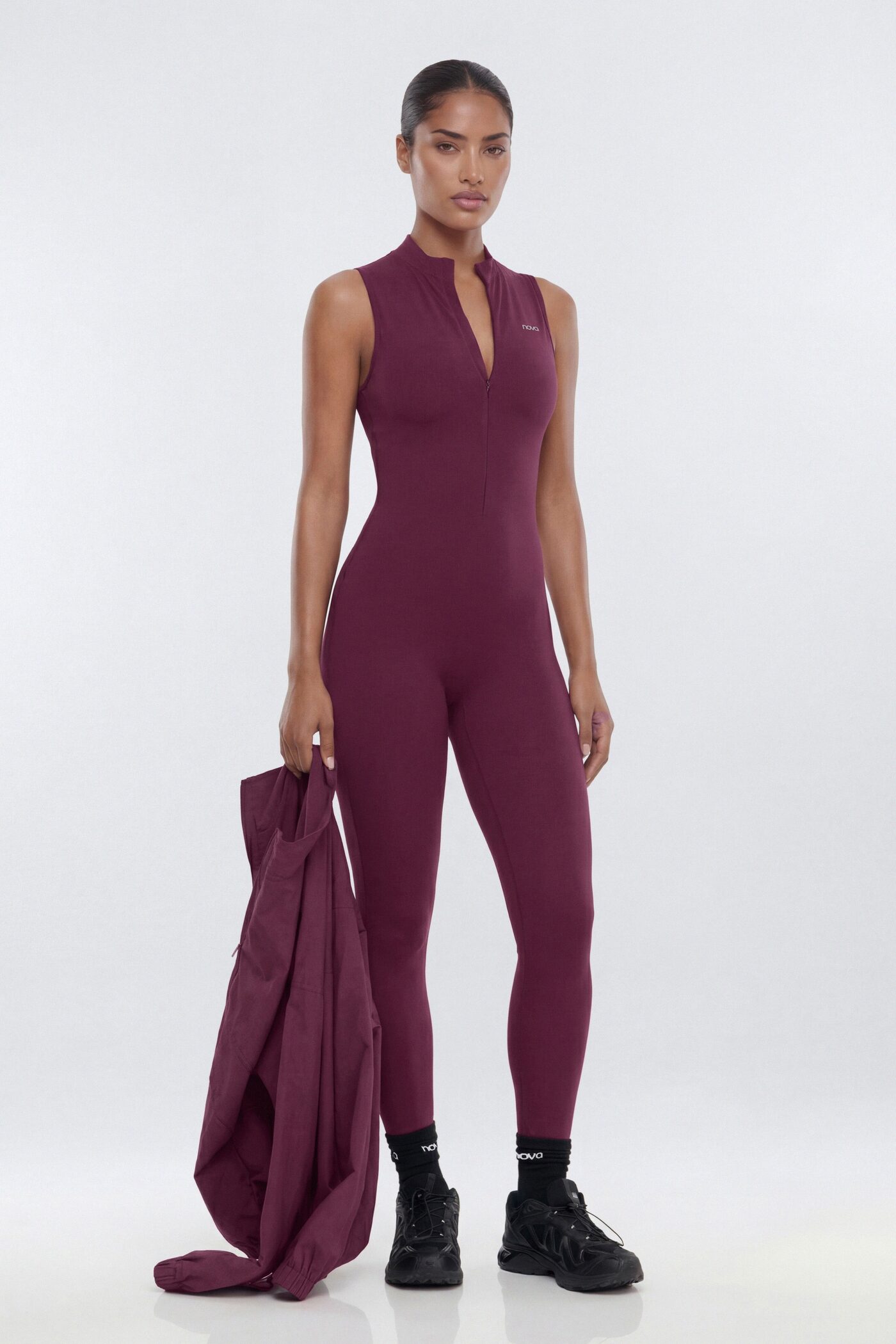 ProStretch™ 27″ Zip Up Mock Neck Skinny Jumpsuit - Merlot