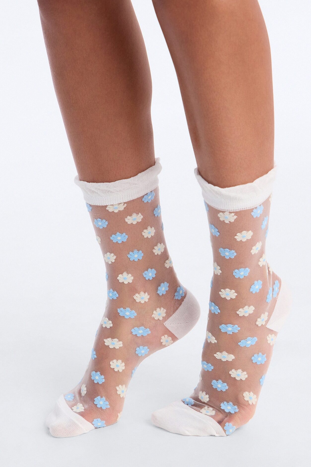 Forget Me Nots Sheer Crew Socks - Blue/combo