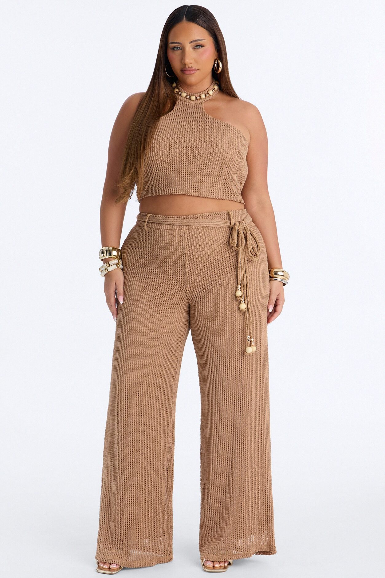 Shoreline Chic Beaded Halter Crochet Pant Set - Camel