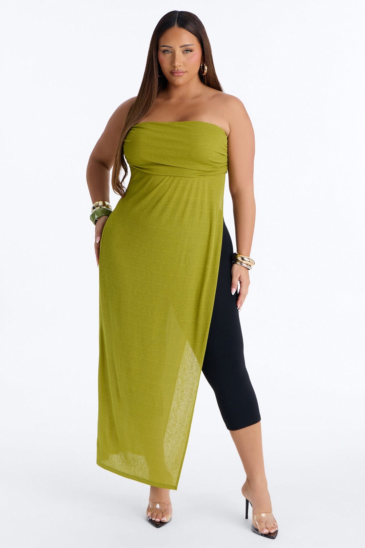 Tropical Drift Long Ruched Cut Out Tube Top - Chartreuse