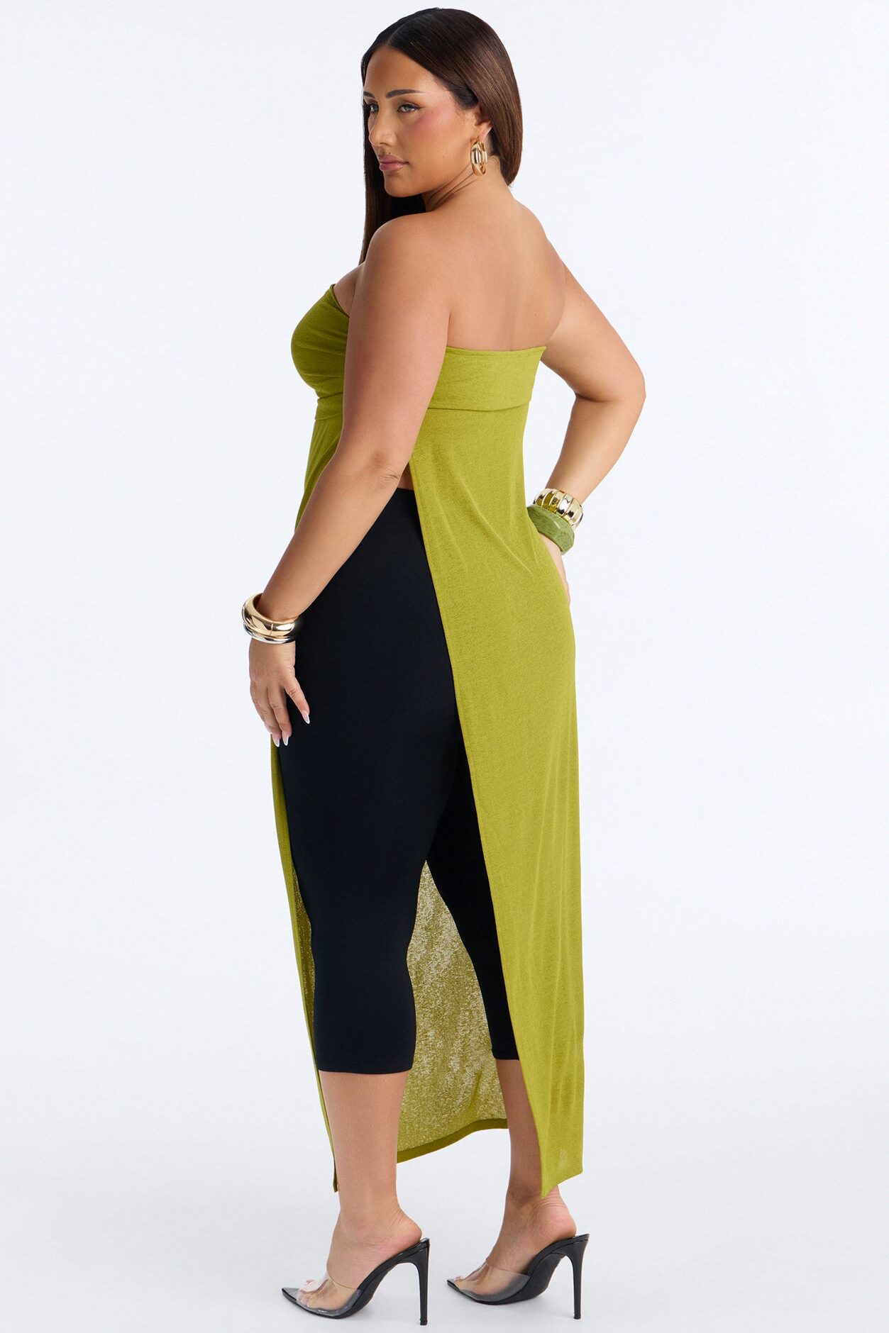 Tropical Drift Long Ruched Cut Out Tube Top - Chartreuse