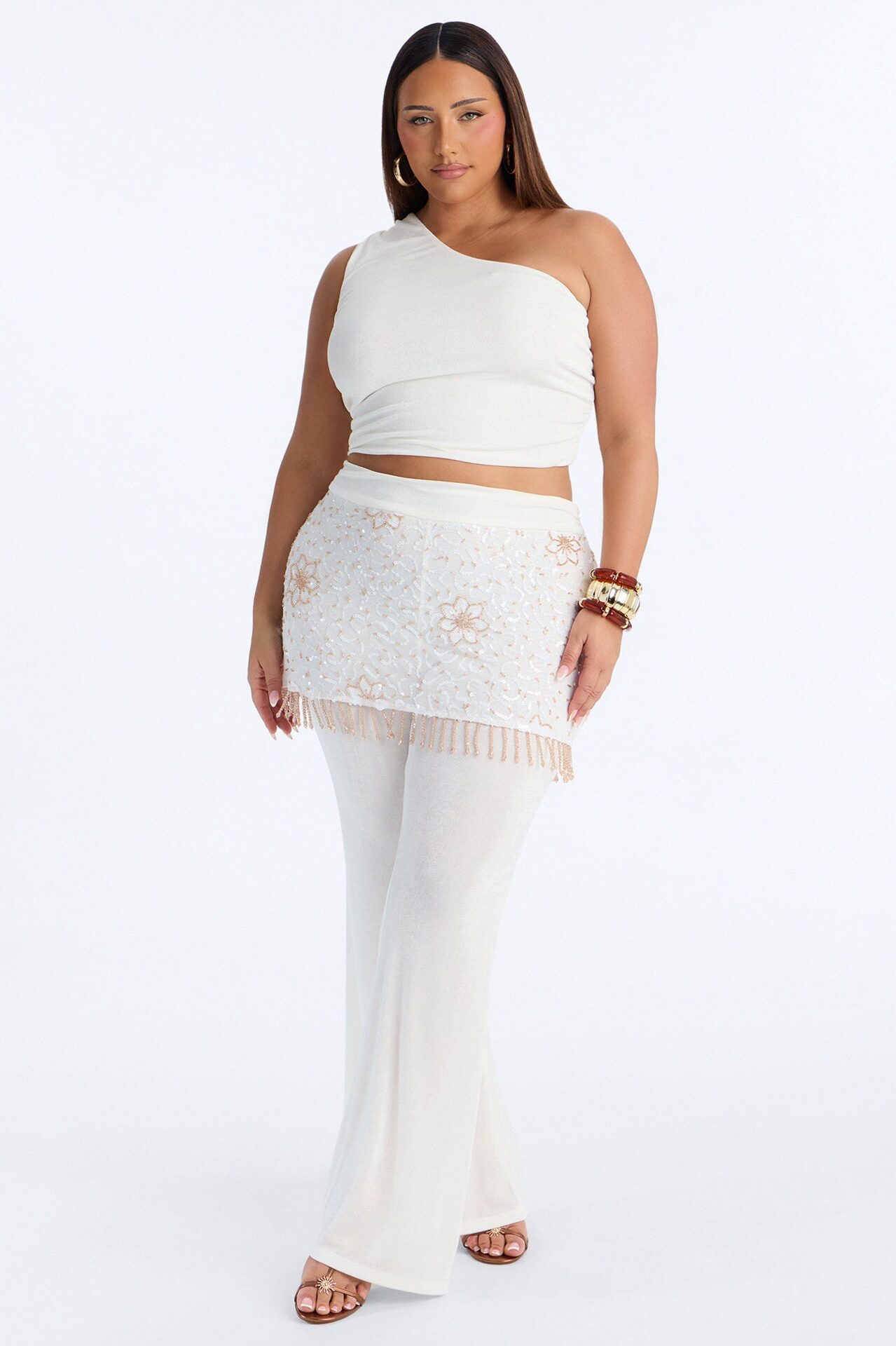 Miley Embellished Skirt Overlay Pant Set - Off White