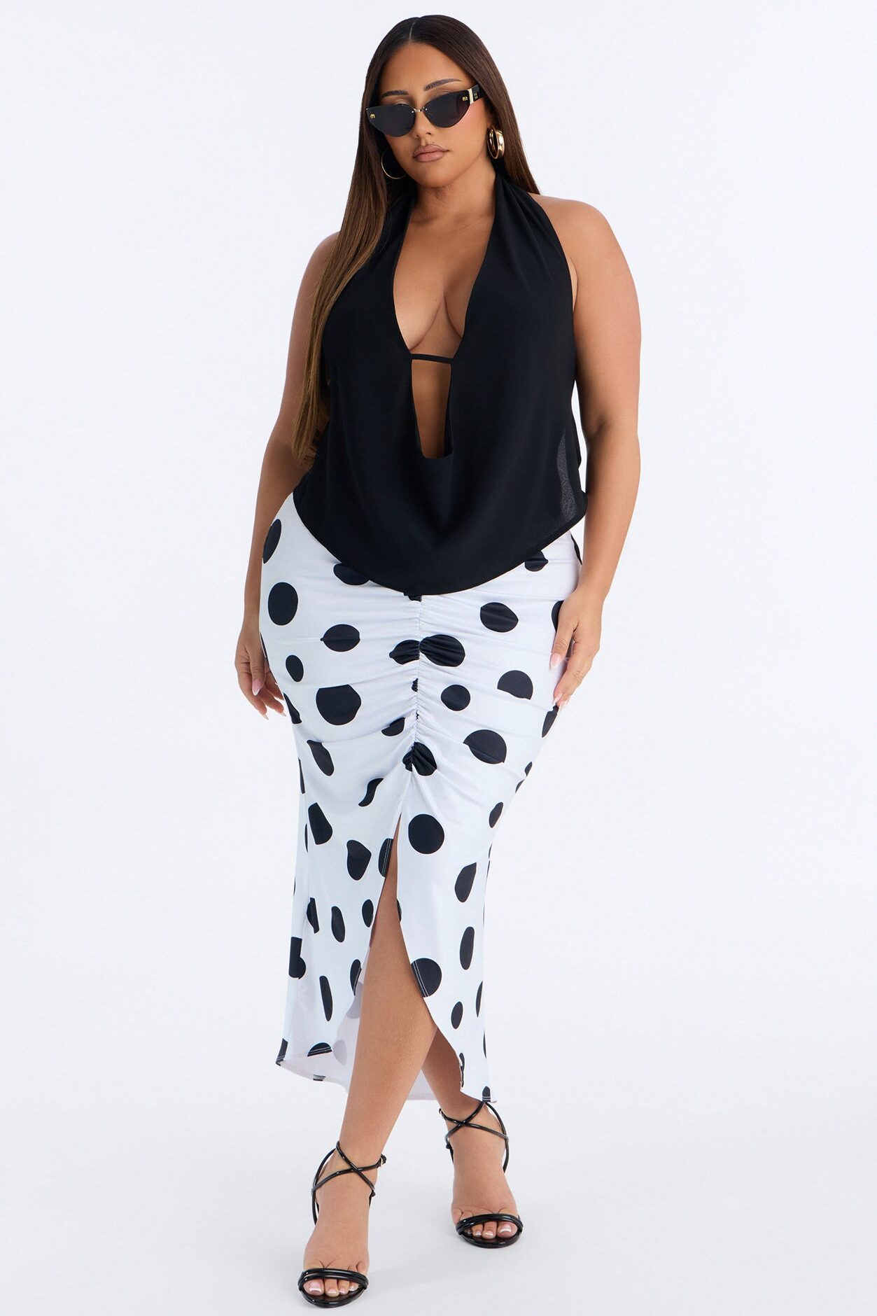 Mila Ruched Polka Dot Midi Skirt - White/Black