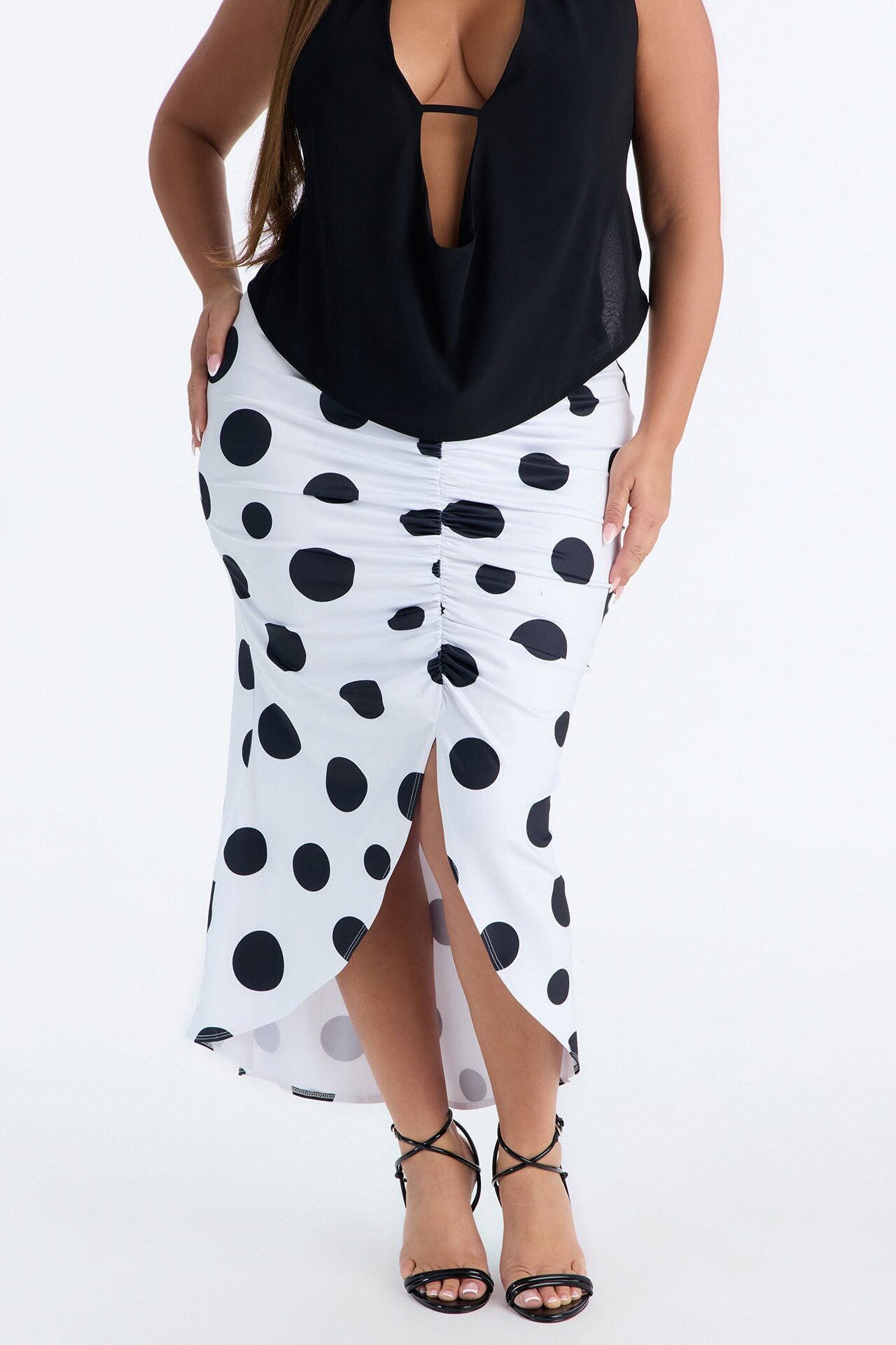Mila Ruched Polka Dot Midi Skirt - White/Black