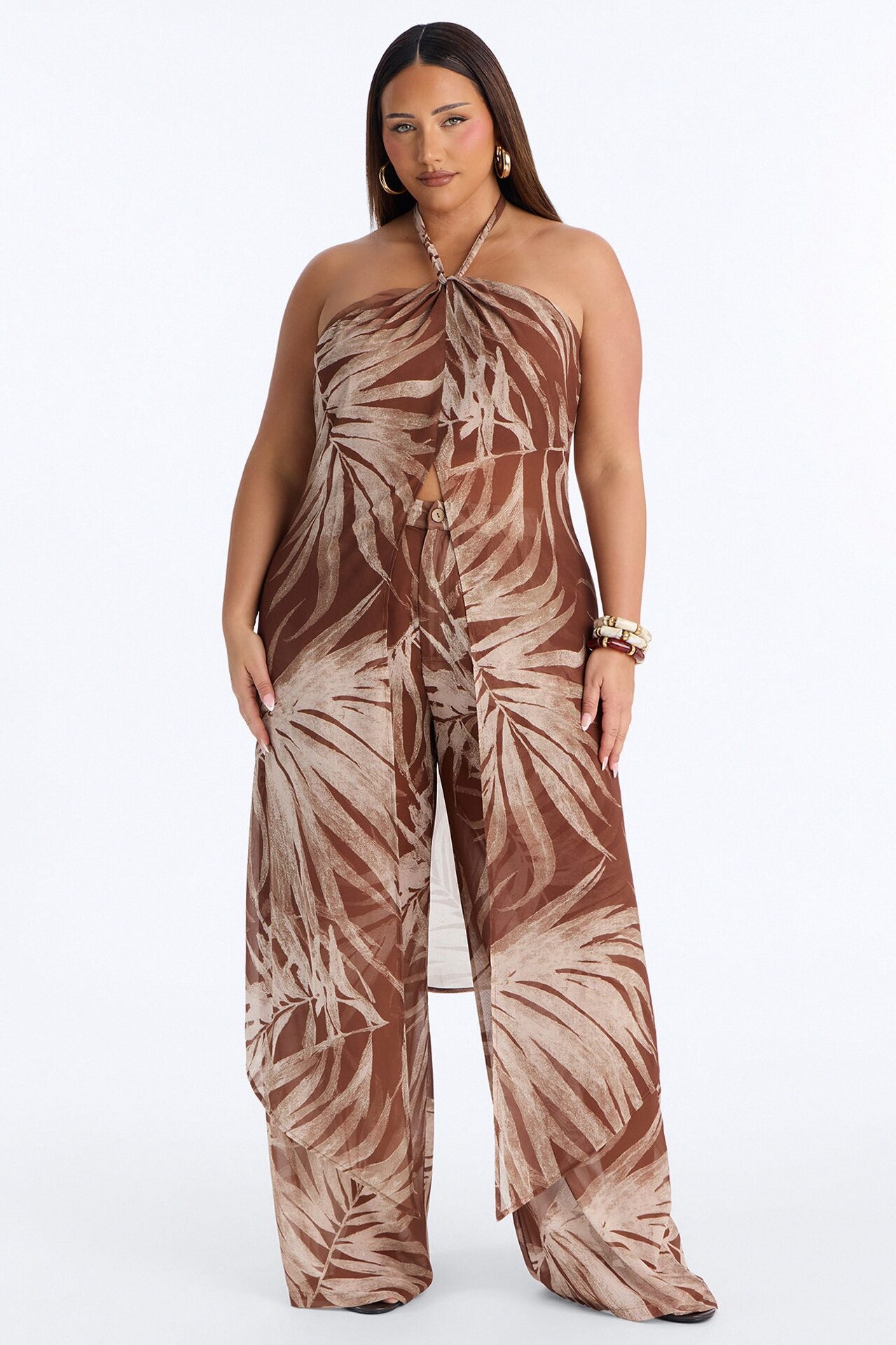 Sandra Tropical Halter Pant Set - Brown Combo