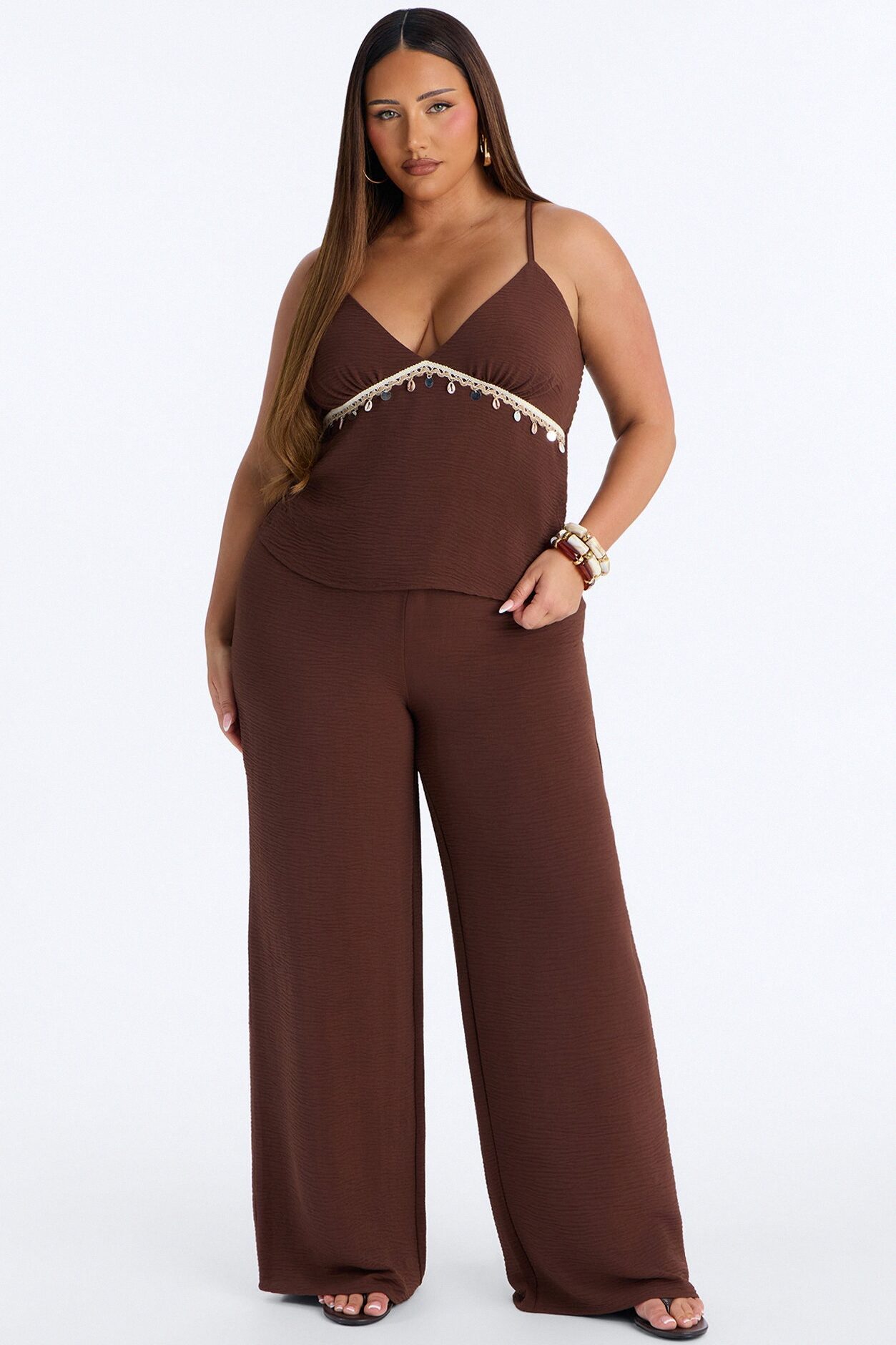 Sasha Embellished Wide Leg Pant Set - Chocolate