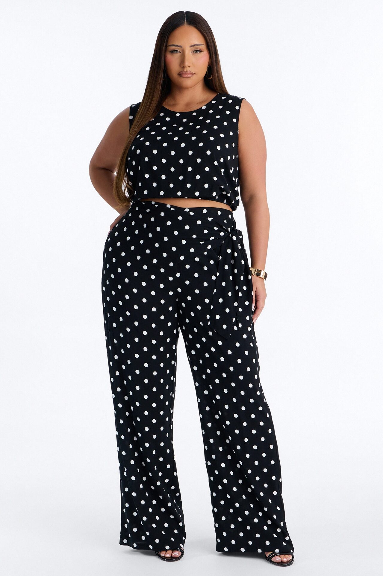 Gemma Polka Dot Wide Leg Pant Set - Black/White