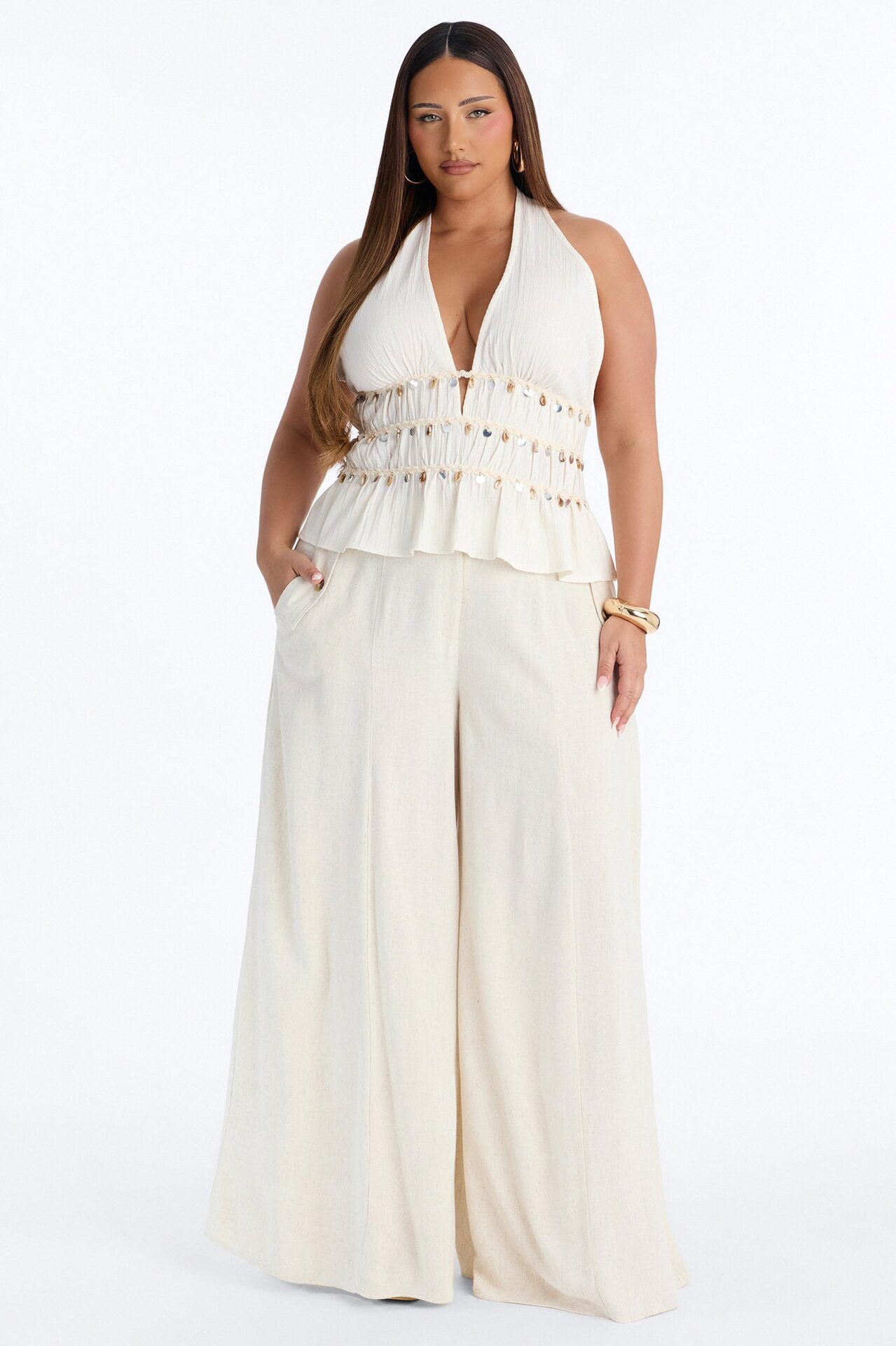 Aubrey High Rise Linen Wide Leg Pant 33″ - Natural