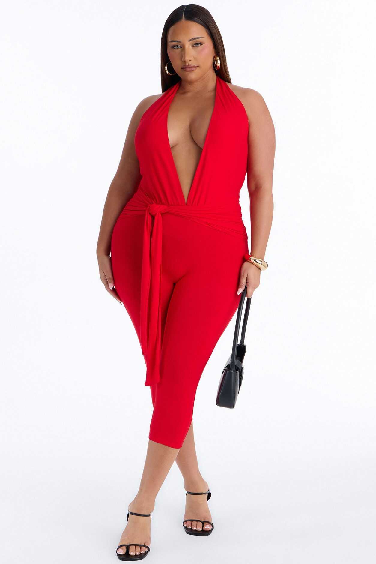 Karla Plunge Capri Catsuit - Red