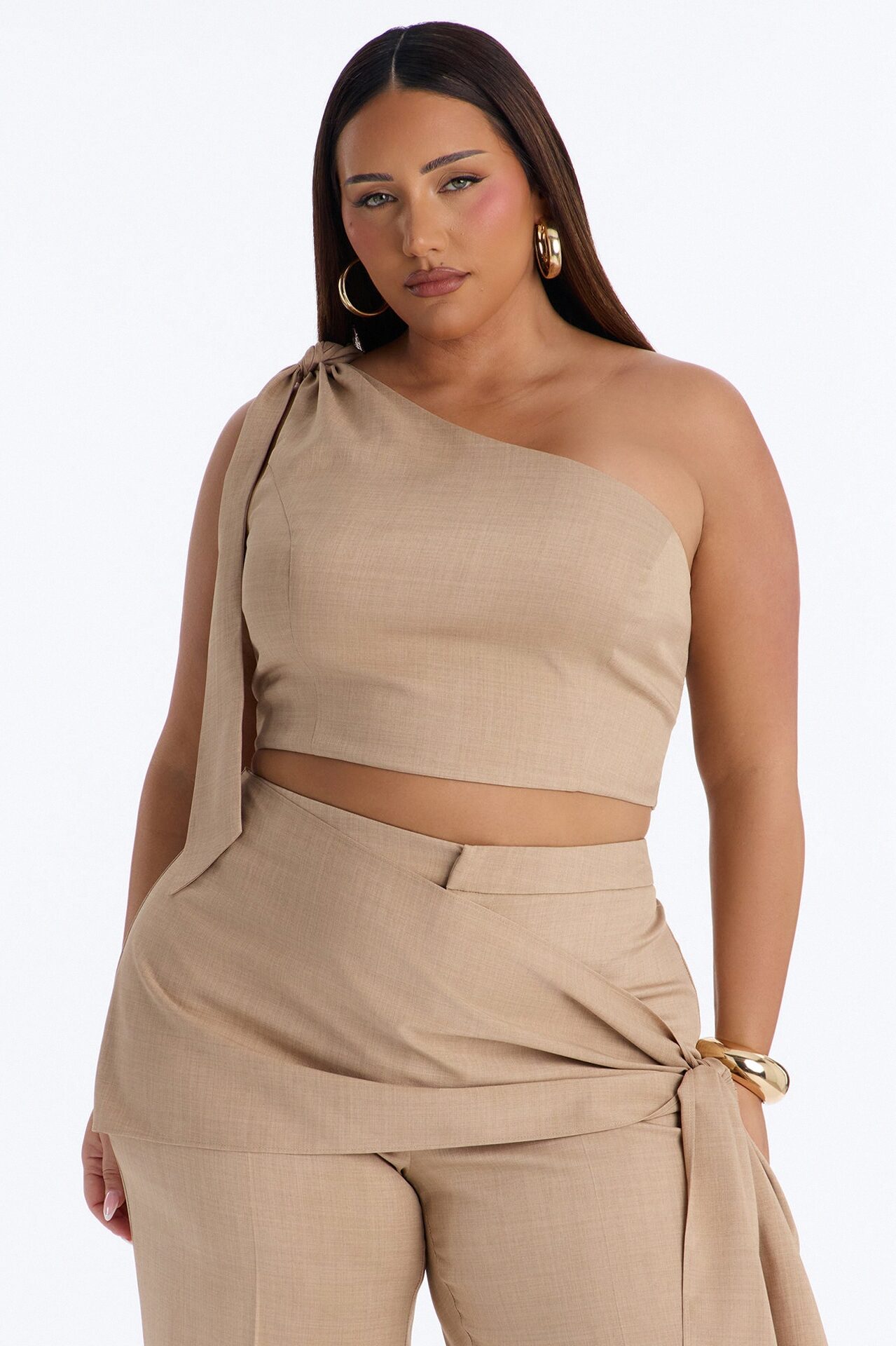Lena Crepe One Shoulder Wrap Trouser Set - Taupe