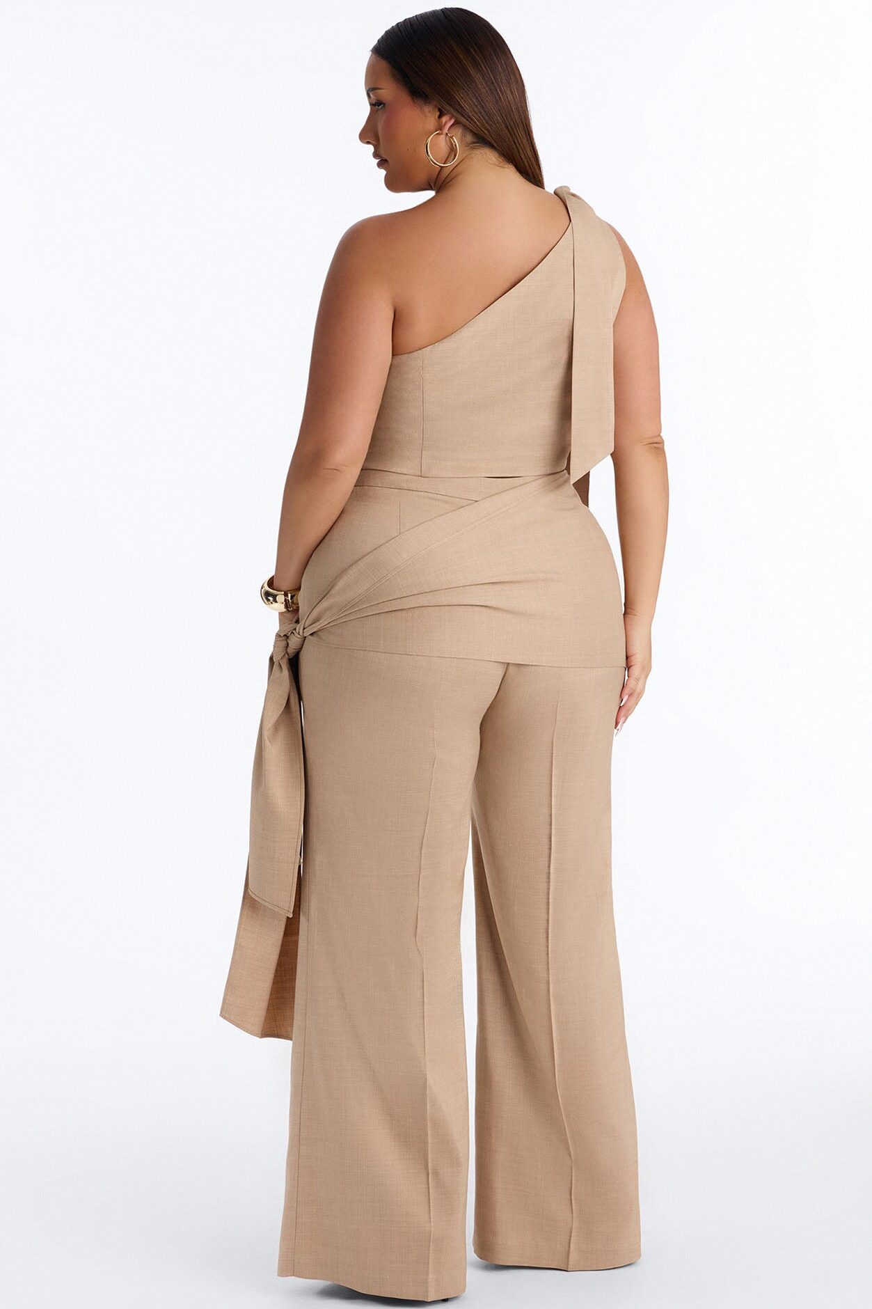 Lena Crepe One Shoulder Wrap Trouser Set - Taupe