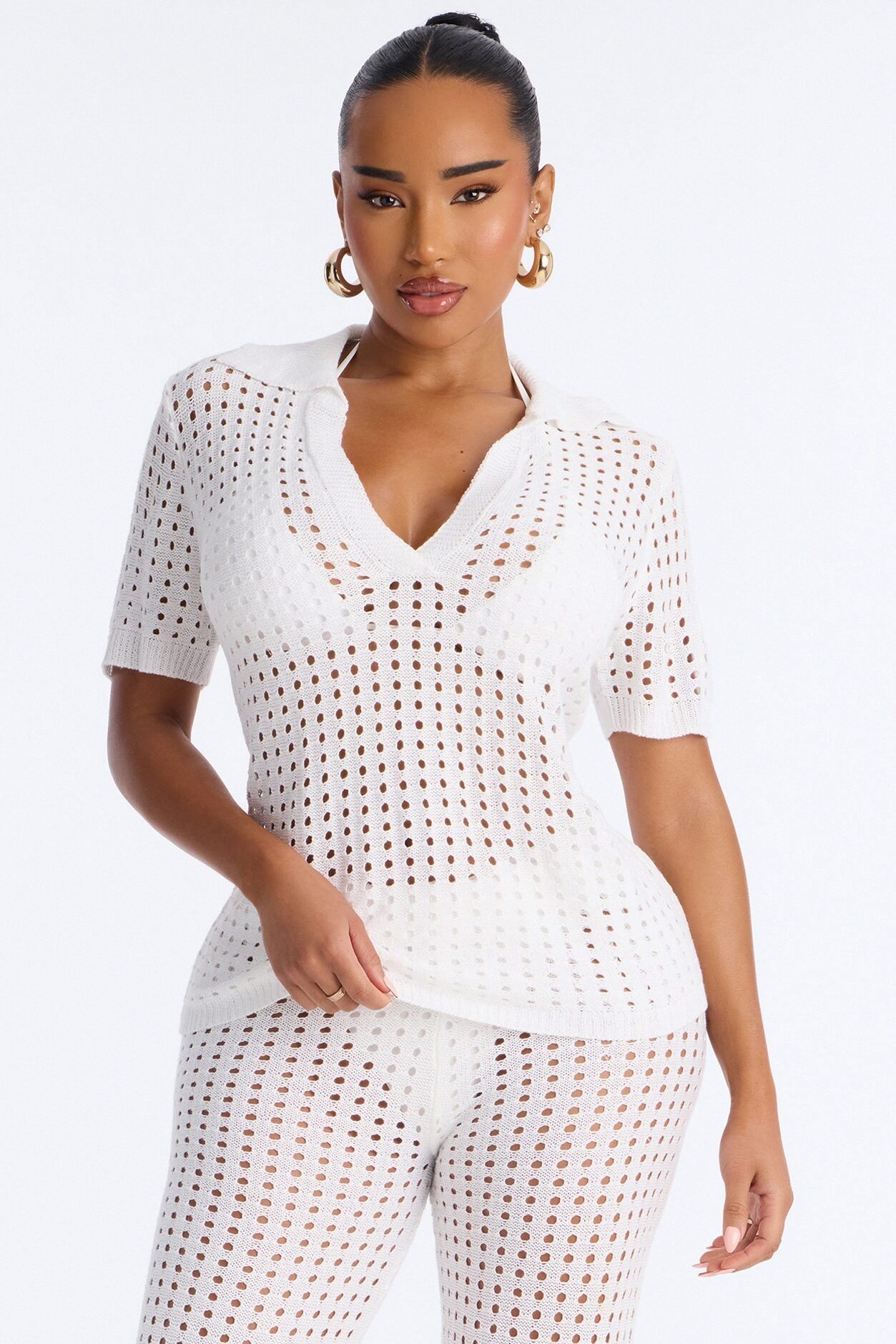 Keleigh 2 Piece Crochet Swim Cover Up Top & Pant Set - White