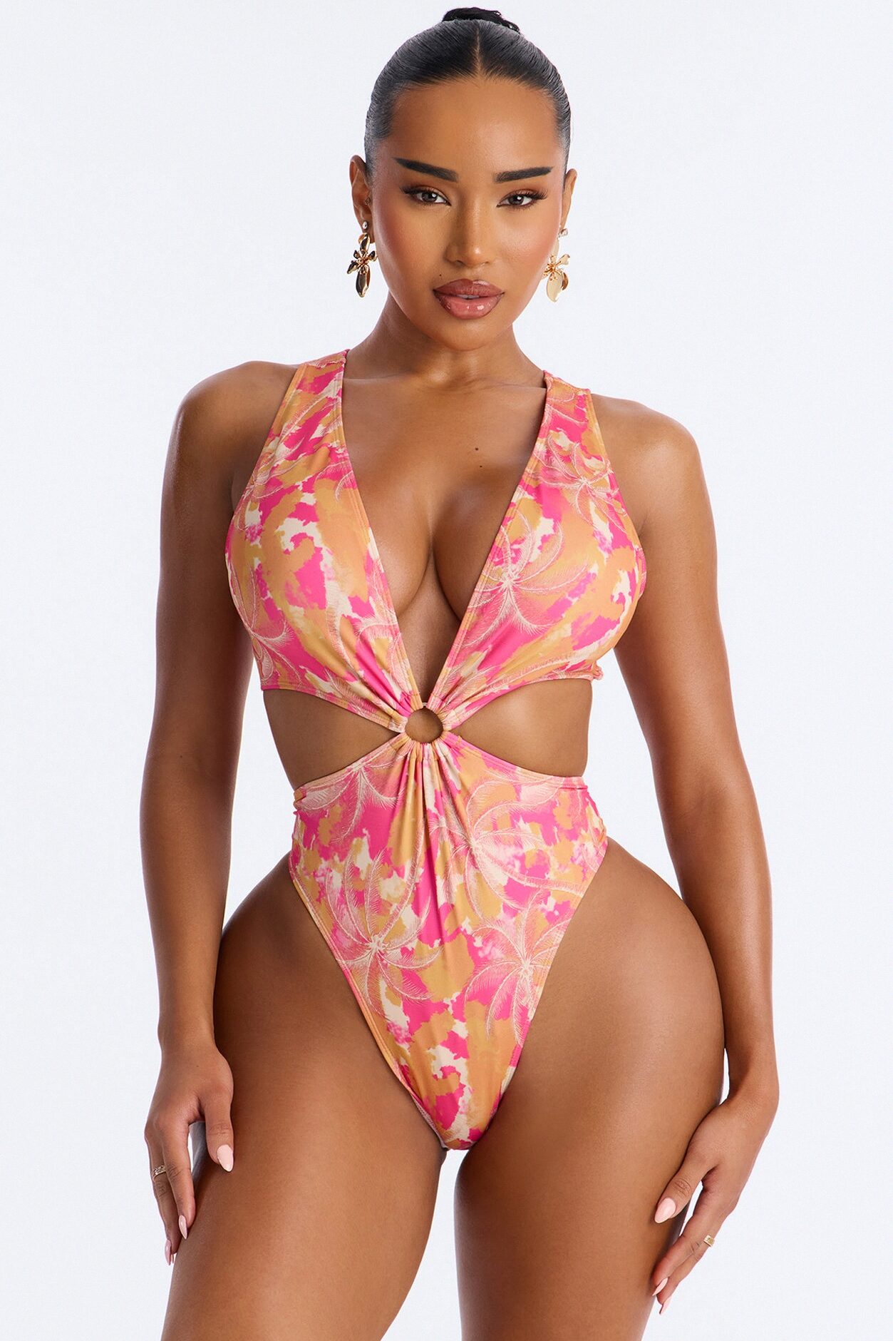 Seas Of The Day Tropical Palm Trees Cut Out High Cut 1 Piece Swimsuit - Pink/combo