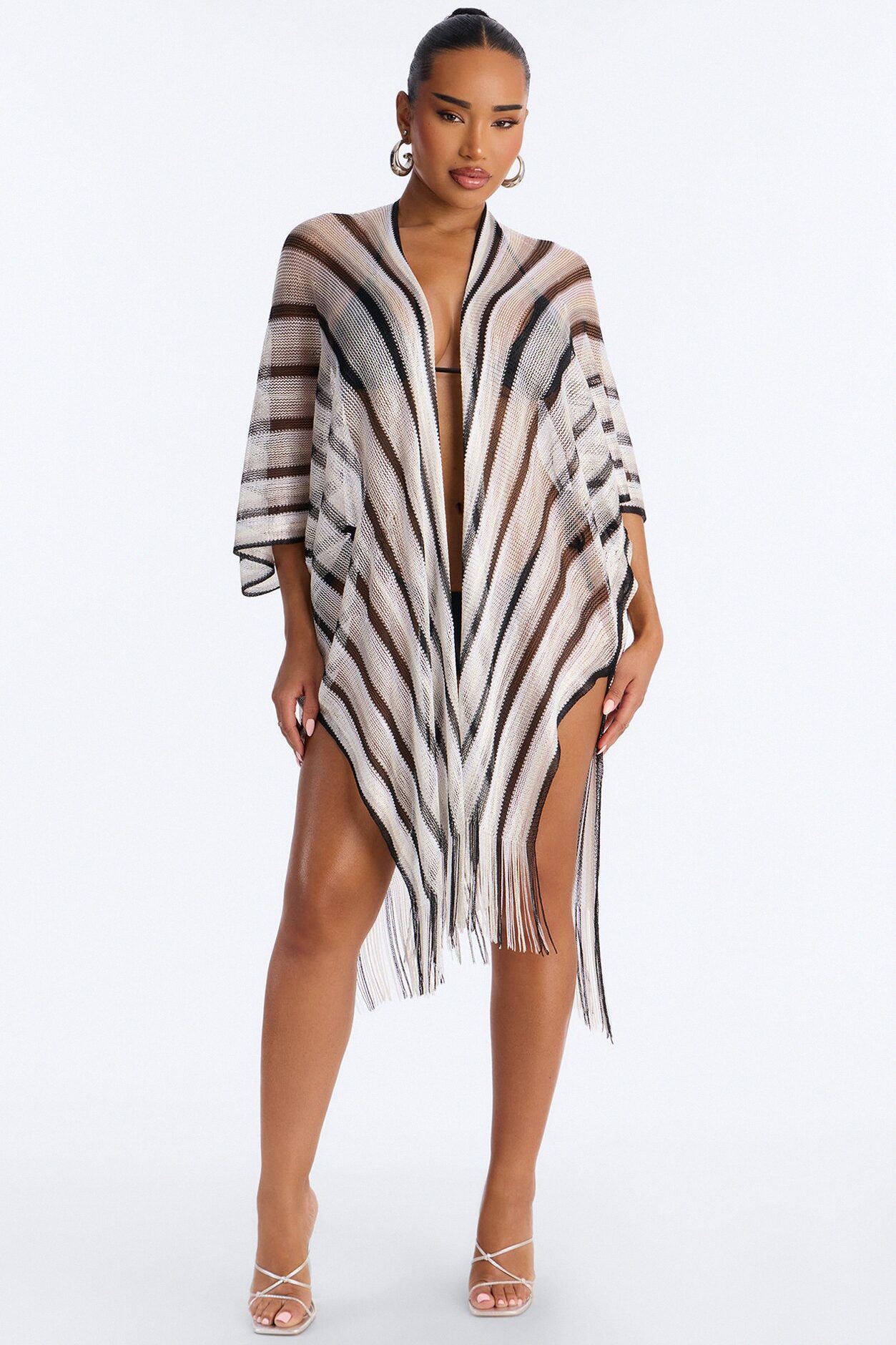 Leni Striped Swim Cover Up Kimono - Black/White