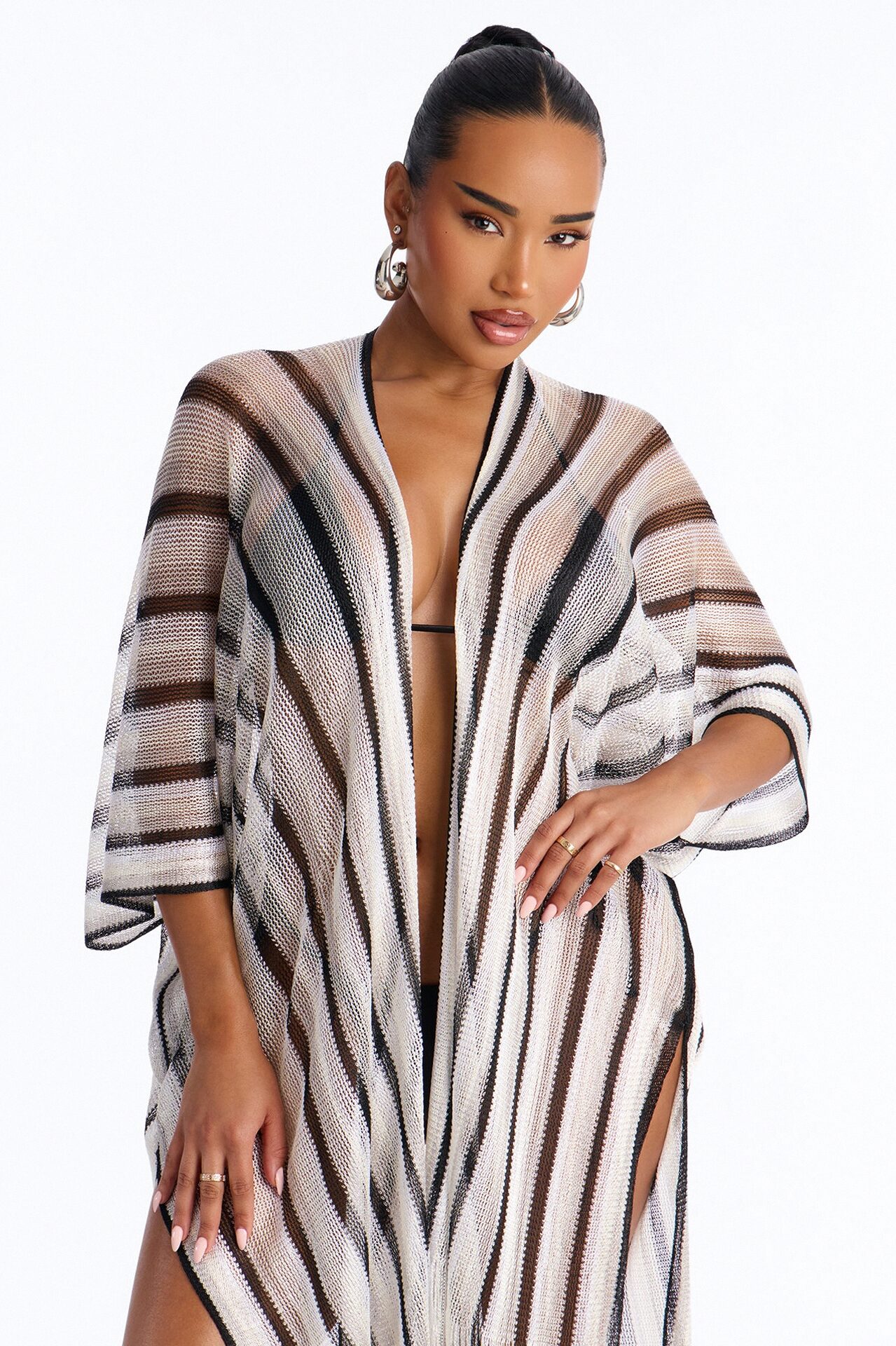 Leni Striped Swim Cover Up Kimono - Black/White