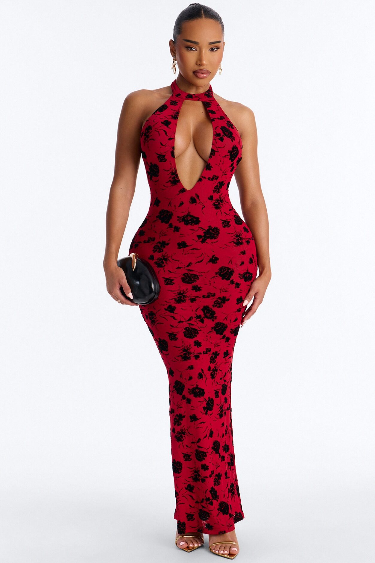 Hollywood Cut Out Flocked Maxi Dress - Red/combo