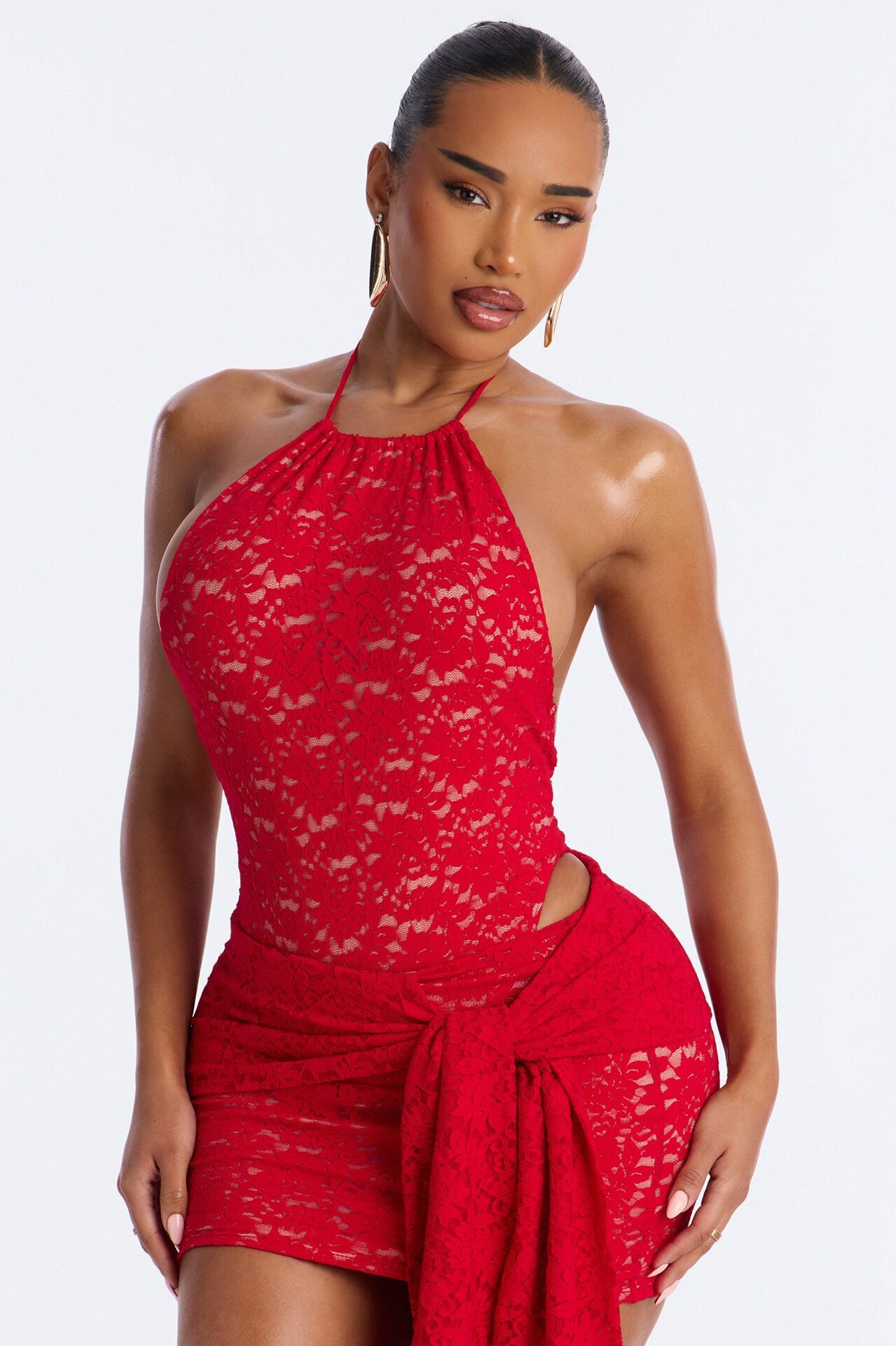 Alora Lace Bodysuit Skirt Set - Red