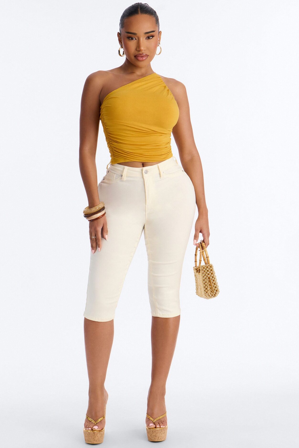 Kehlani One Shoulder Ruched Sleeveless Top - Mustard