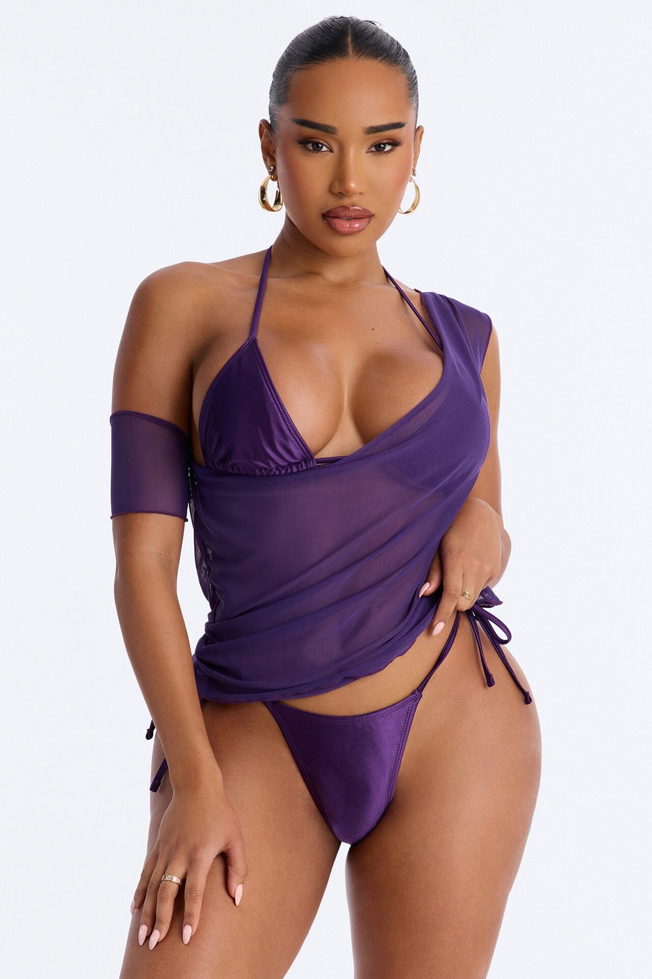 Pearl Horizon Satin 3 Piece Beaded Bikini Set - Purple