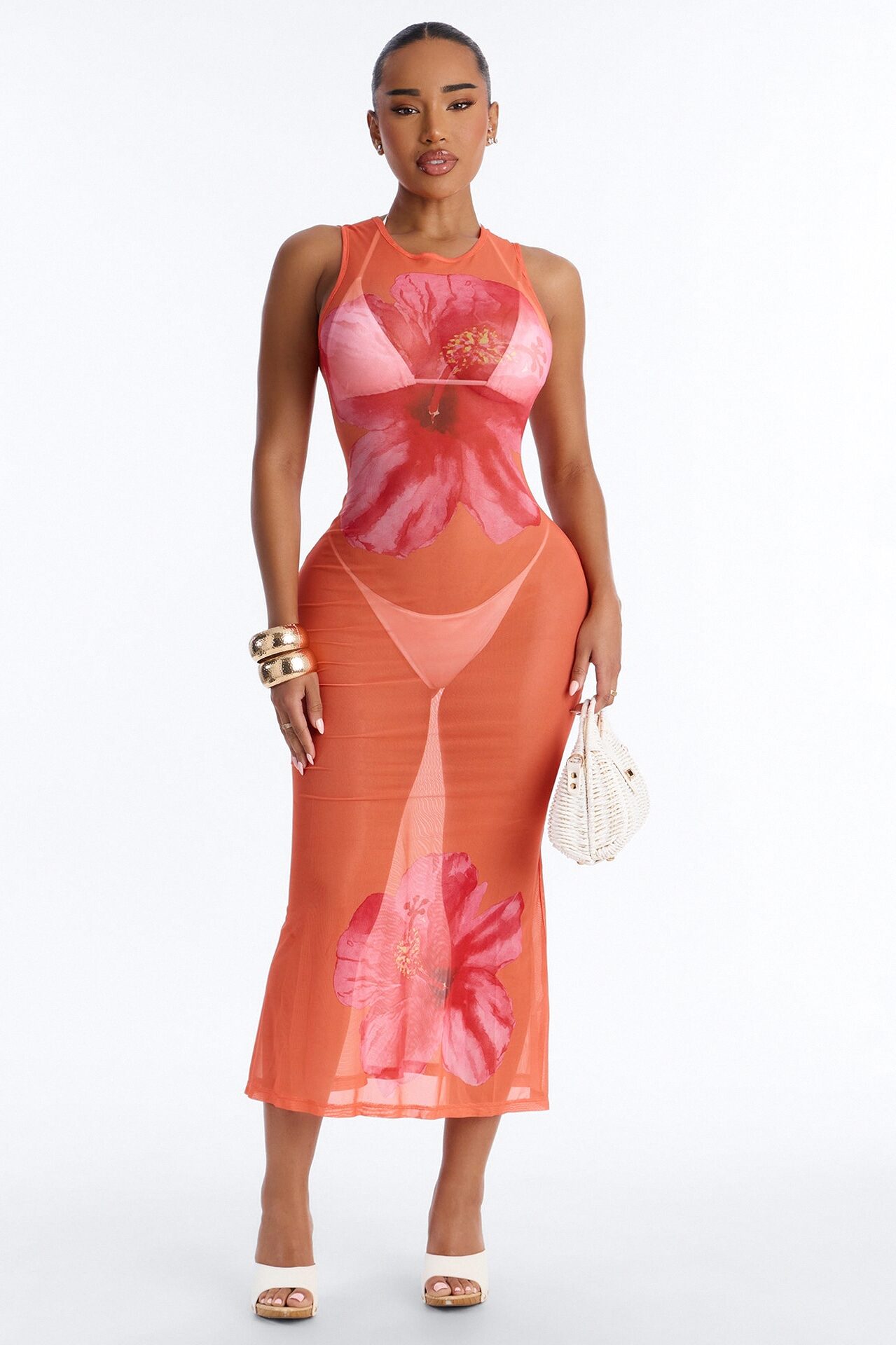 Floral Fantasy Sheer Swim Cover Up Dress - Orange
