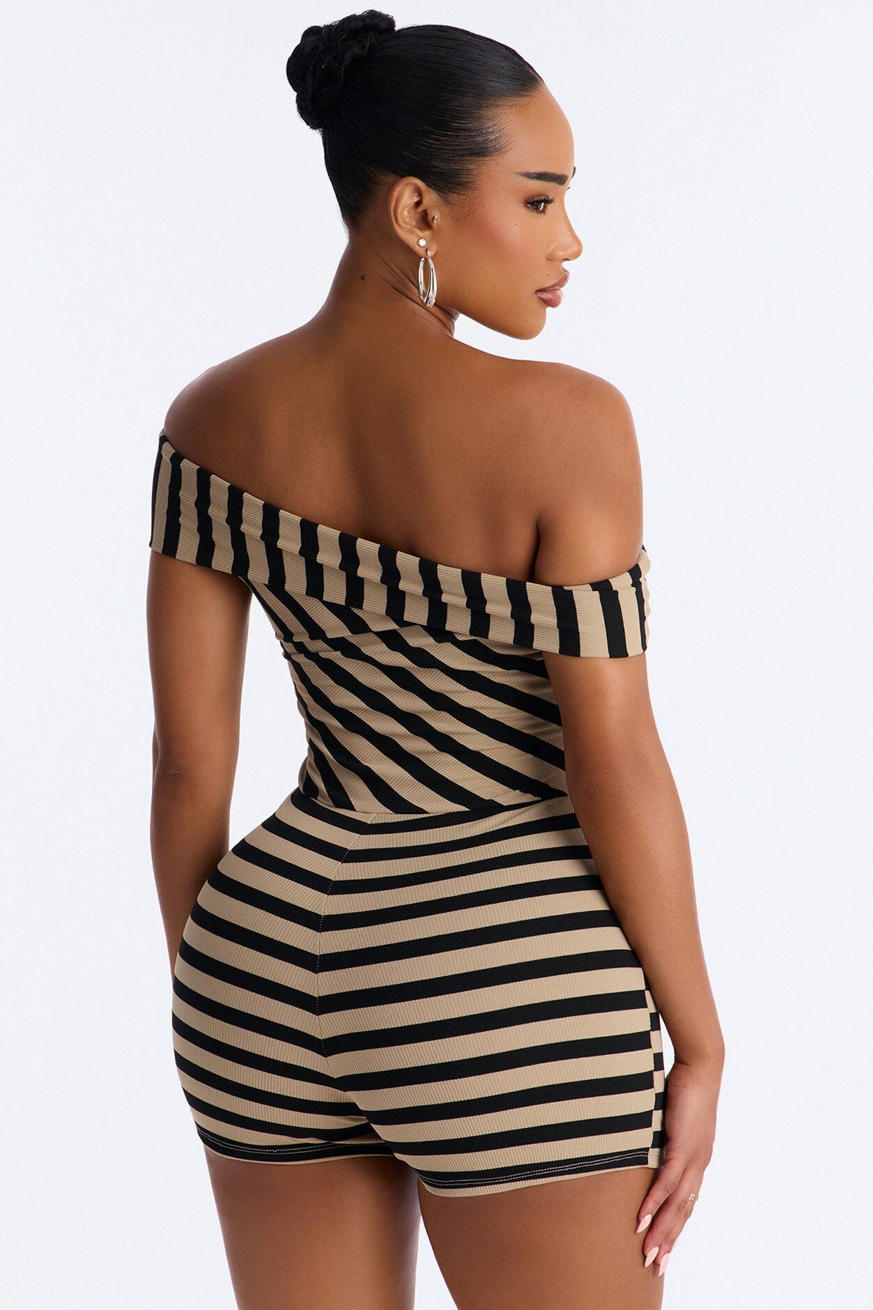 Celia Striped Off Shoulder Micro Romper - Black/combo