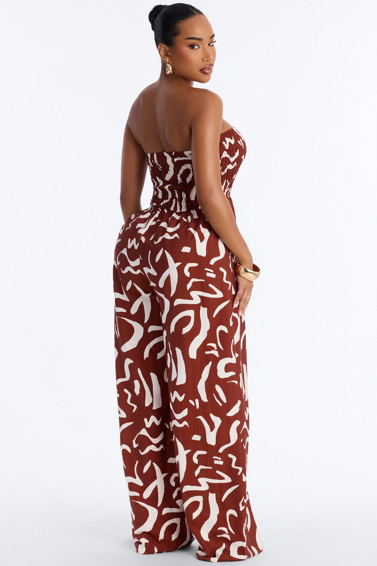 Faye Strapless Abstract Wide Leg Jumpsuit - Rust/combo