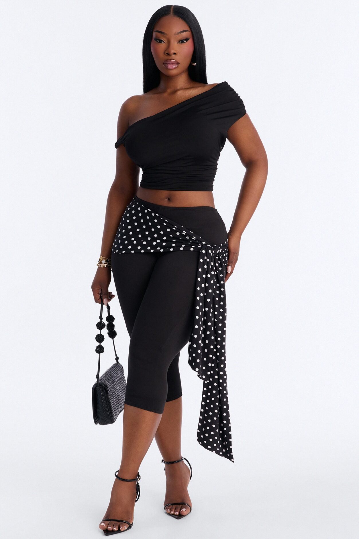 Kinley Low Rise Polka Dot Tie Waist Capri Legging - Black/White