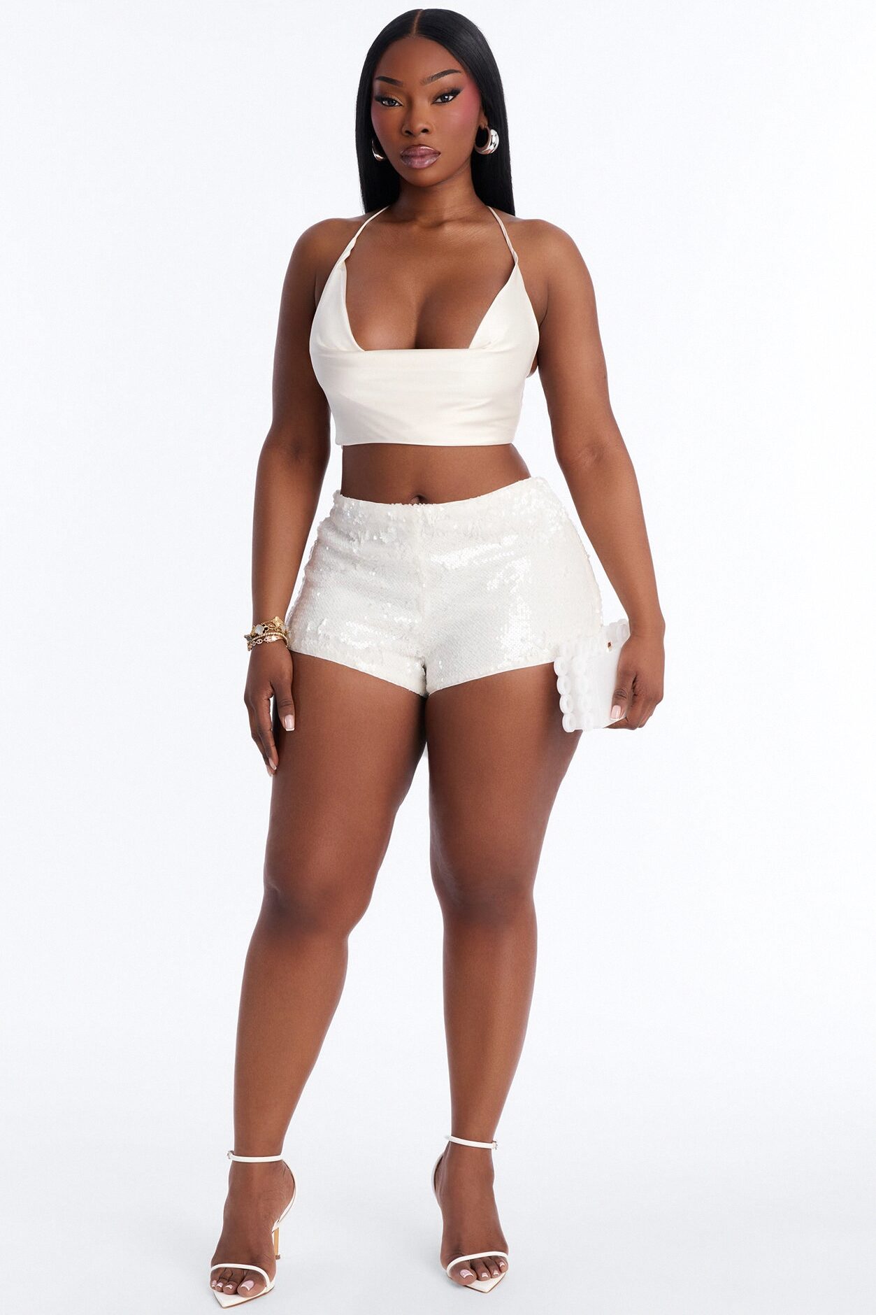 Alaina Sequin Embellished Micro Short 1″ - Pearl