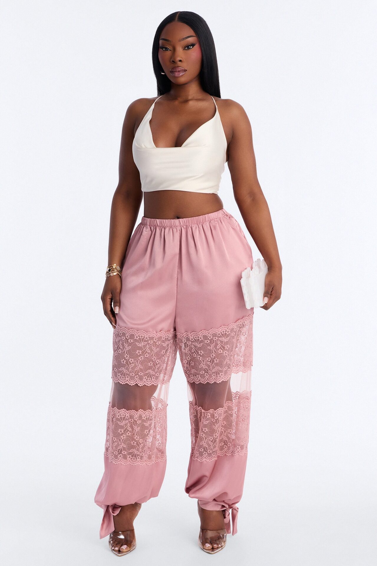 Melissa Satin Brunch Lace Trim Jogger Pant - Light Pink