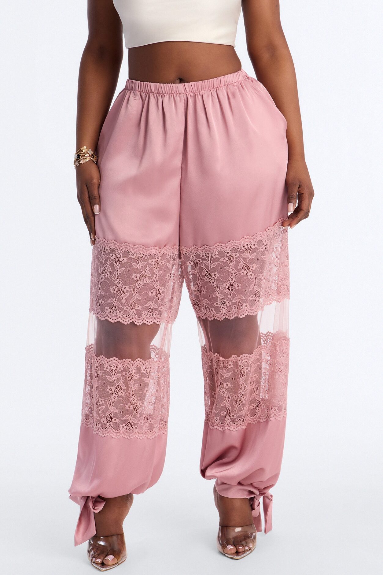 Melissa Satin Brunch Lace Trim Jogger Pant - Light Pink