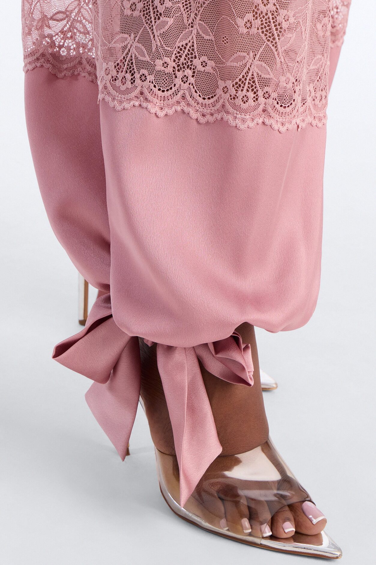 Melissa Satin Brunch Lace Trim Jogger Pant - Light Pink