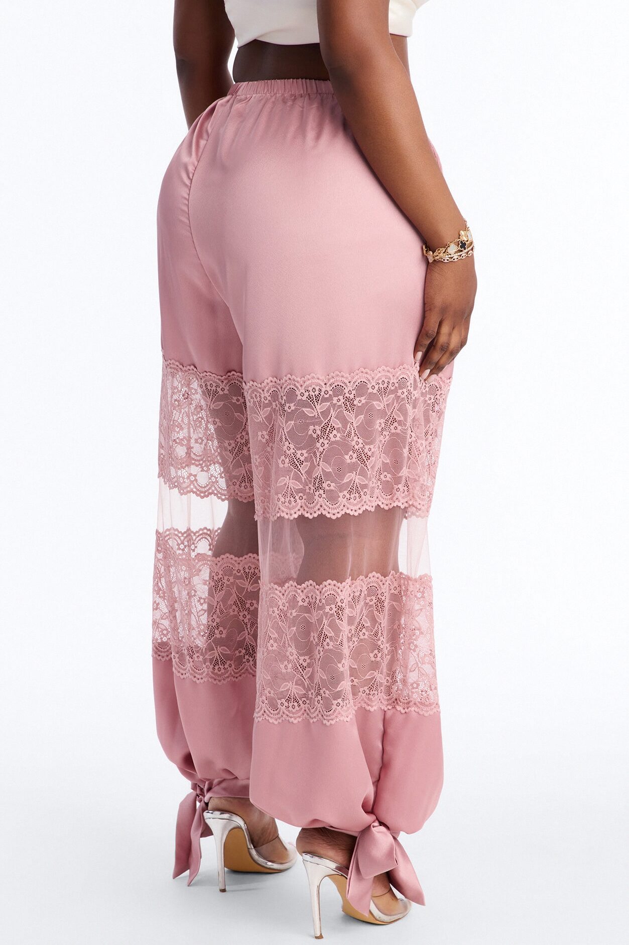 Melissa Satin Brunch Lace Trim Jogger Pant - Light Pink