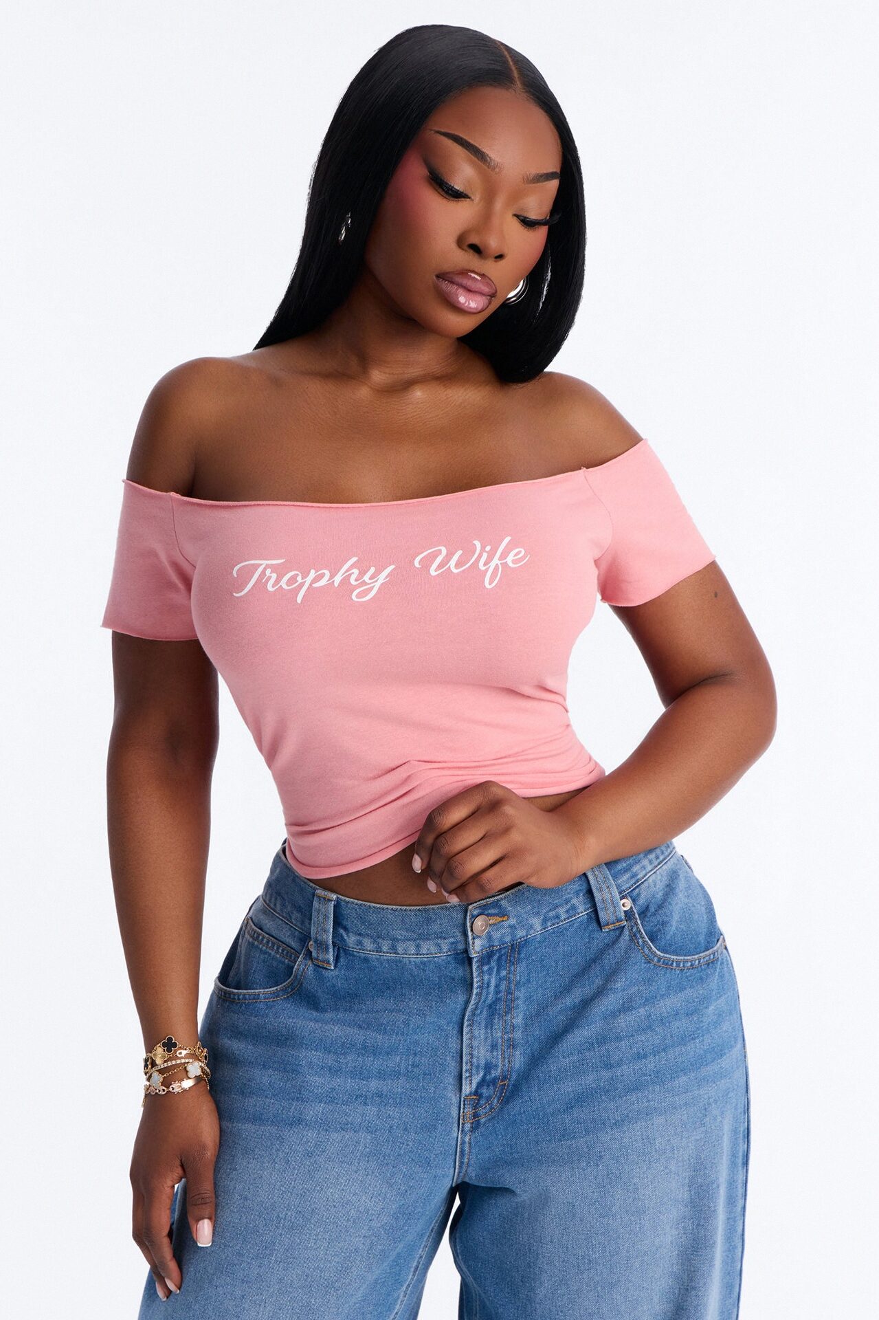 Trophy Wife Off Shoulder Tee - Pink