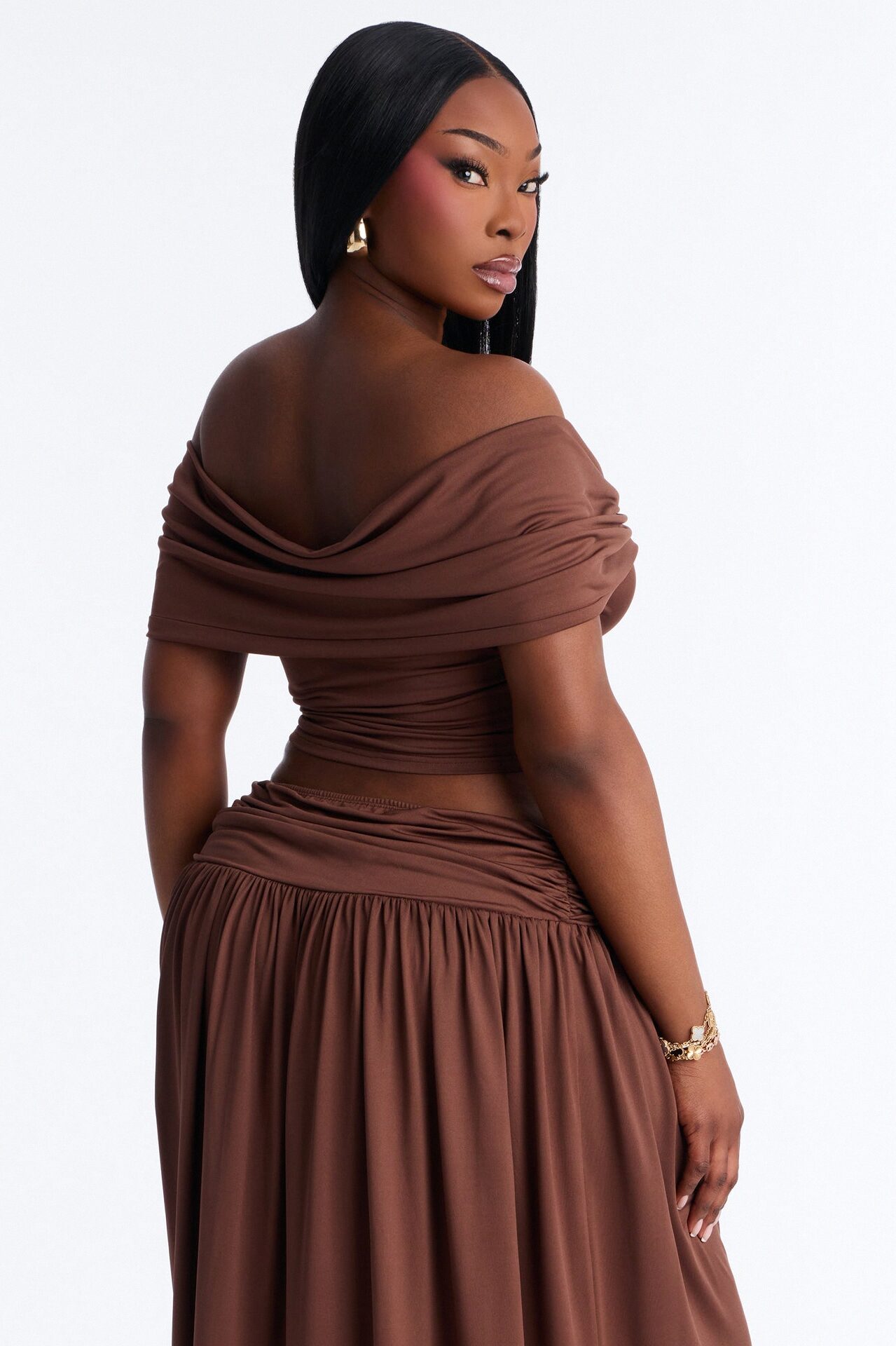 Rae Ruched Off The Shoulder Knit Top - Chocolate