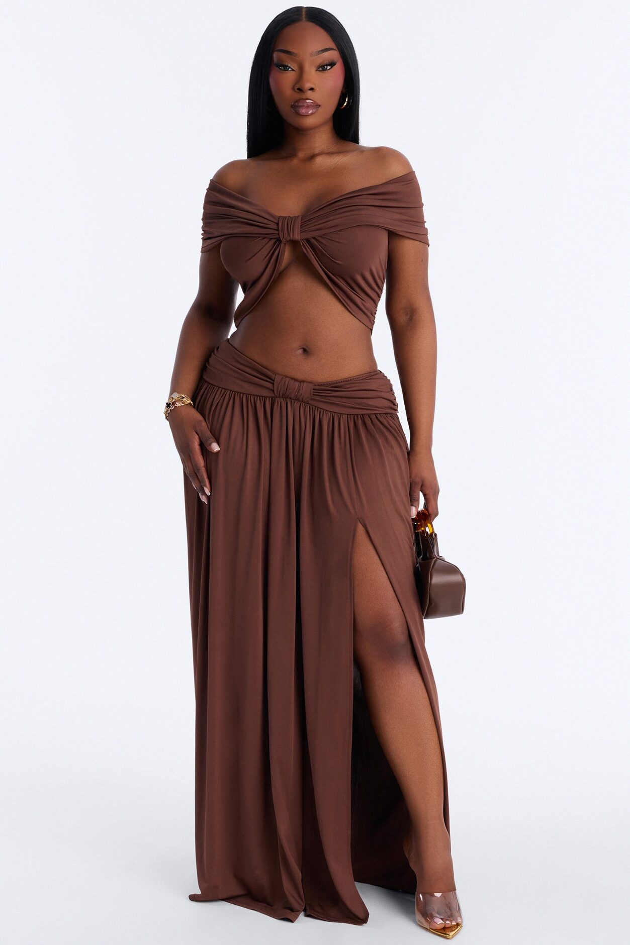 Rae Ruched Off The Shoulder Knit Top - Chocolate