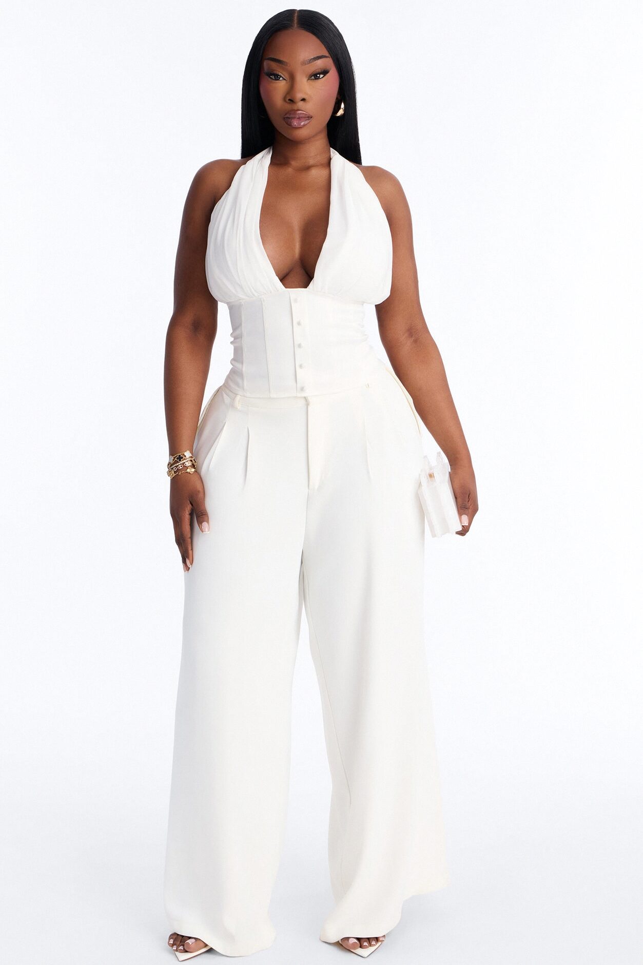 All Eyes Here Tie Neck Satin Halter Top - White